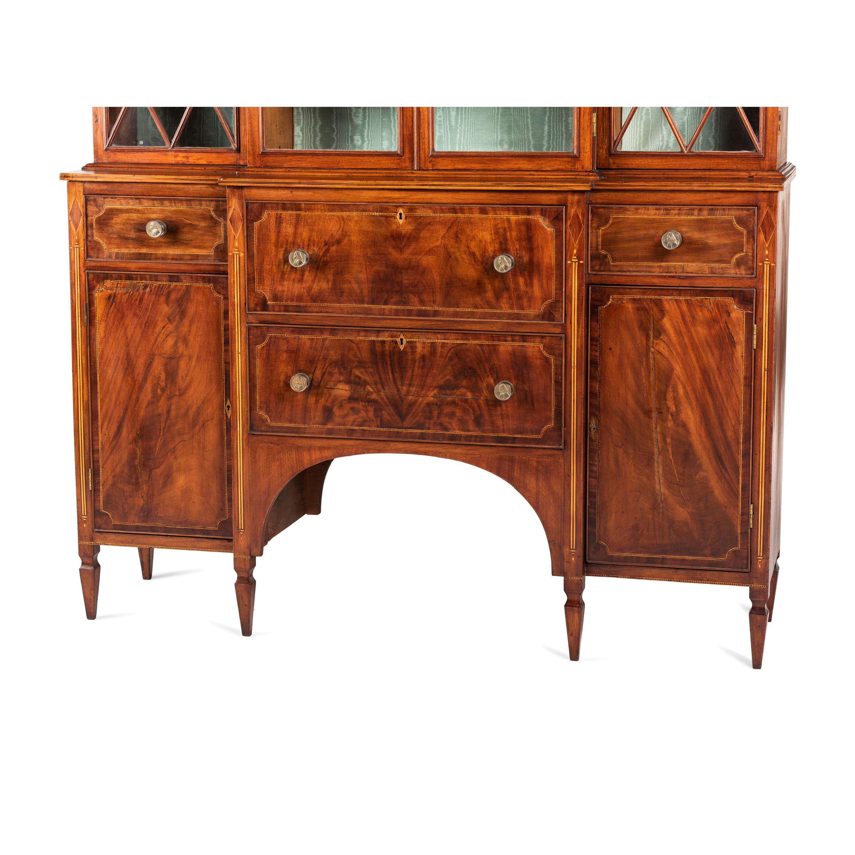 A Federal Parcel Gilt Mahogany, Holly and Ebony Breakfront Gentleman's Desk-and-Bookcase