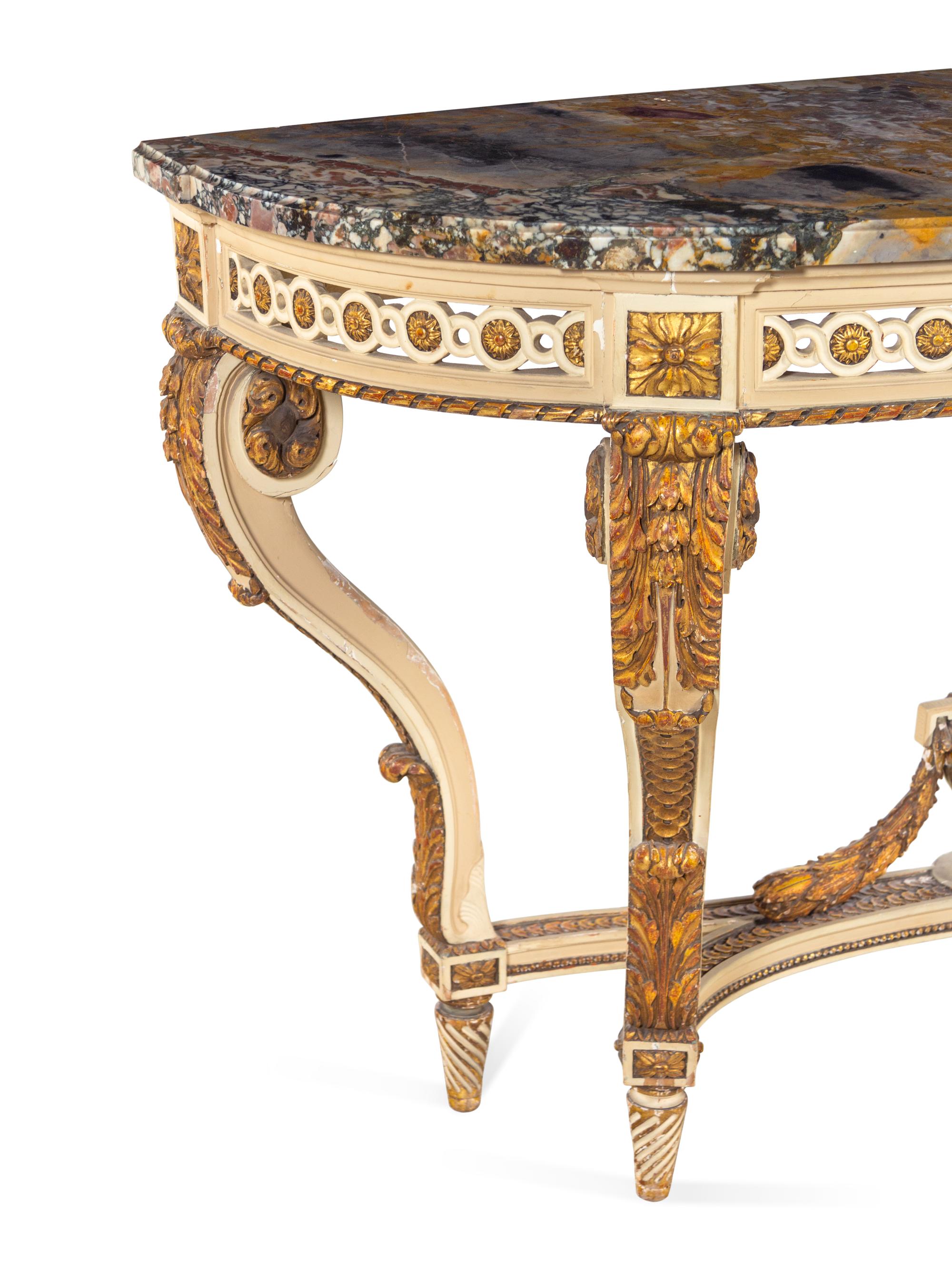 A Louis XVI Style Painted and Parcel Gilt Marble-Top Console Table