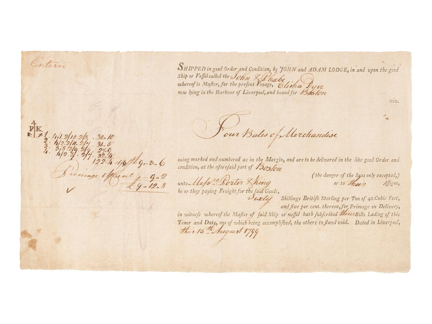 [MASSACHUSETTS]. A group of shipping documents, including a "Policy of Assurance" for cargo aboard the Brig William , 28 October 1794.