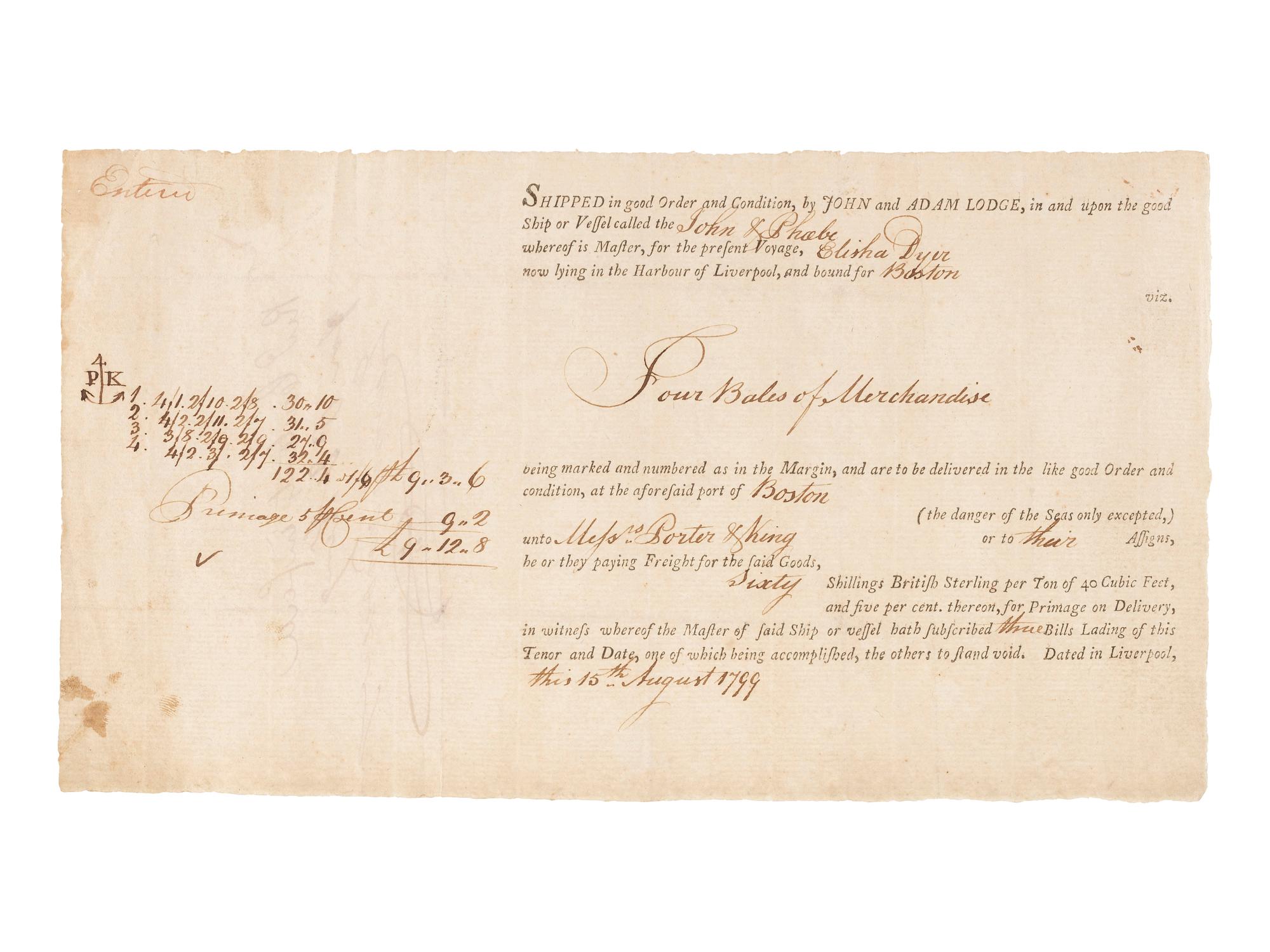 [MASSACHUSETTS]. A group of shipping documents, including a "Policy of Assurance" for cargo aboard the Brig William , 28 October 1794.