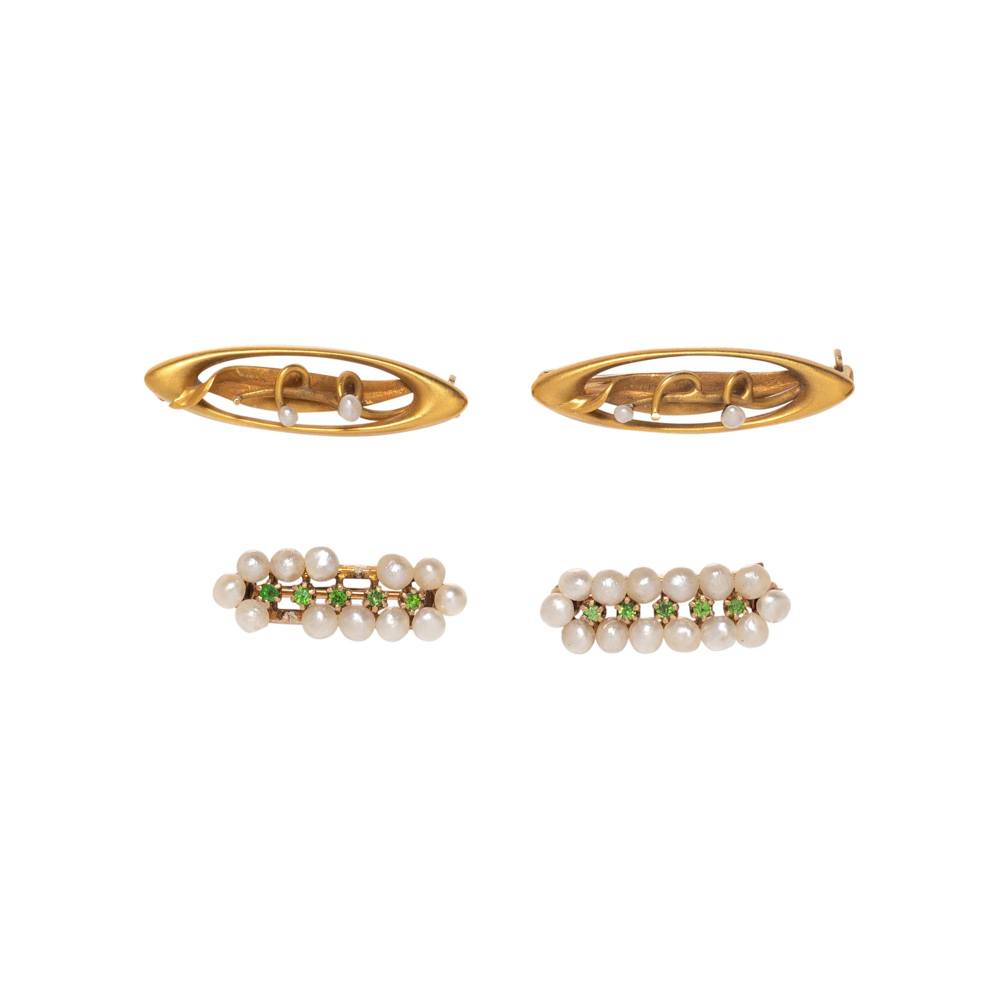 COLLECTION OF YELLOW GOLD AND SEED PEARL BROOCHES