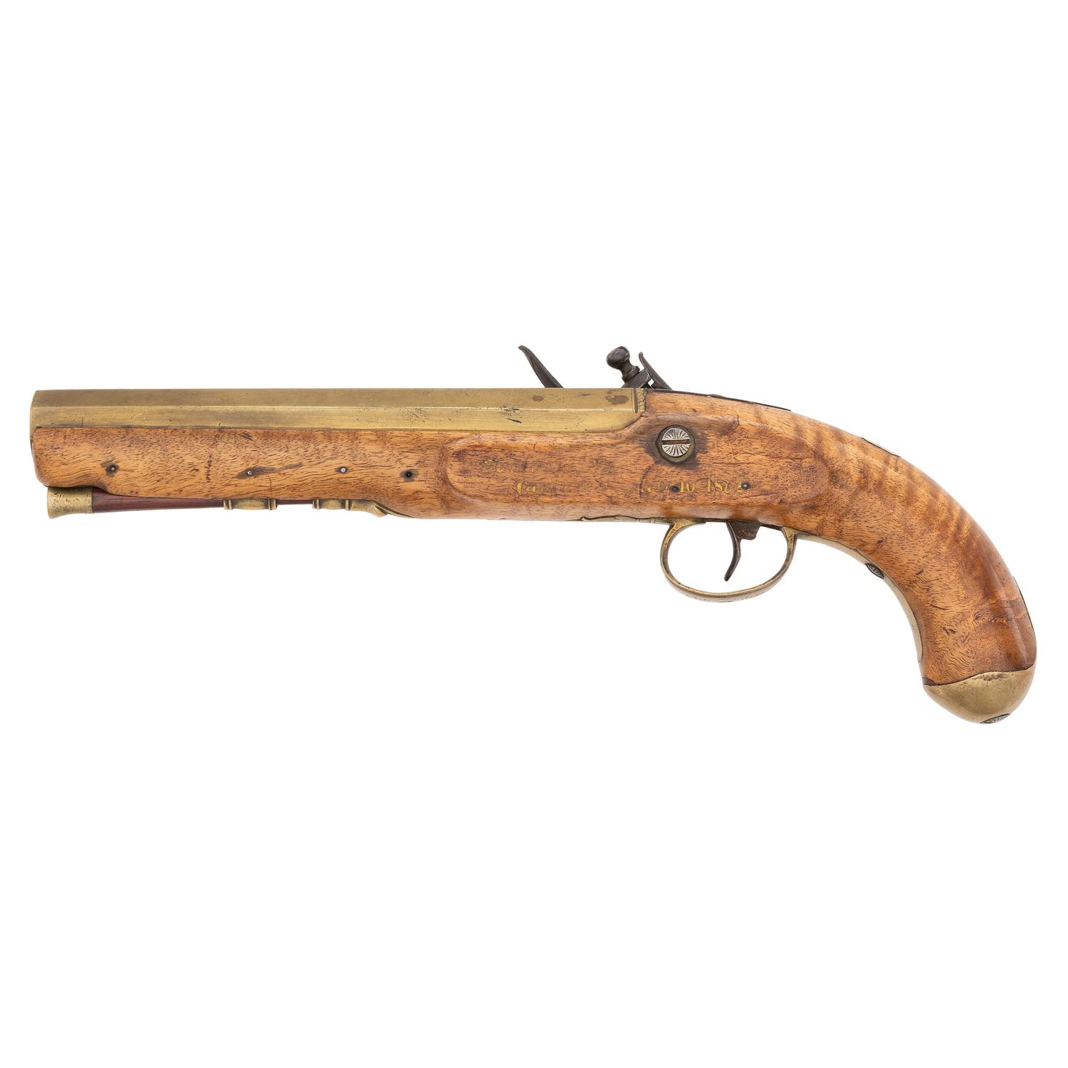 Brass Barreled Flintlock Trade Pistol Retailed by A.W. Spies with a Norfolk VA Capture Inscription