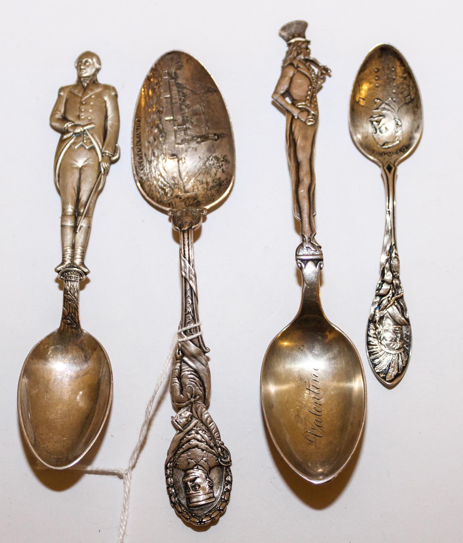 A Group of Four Silver Souvenir Spoons, Various Makers, of "American History" interest.