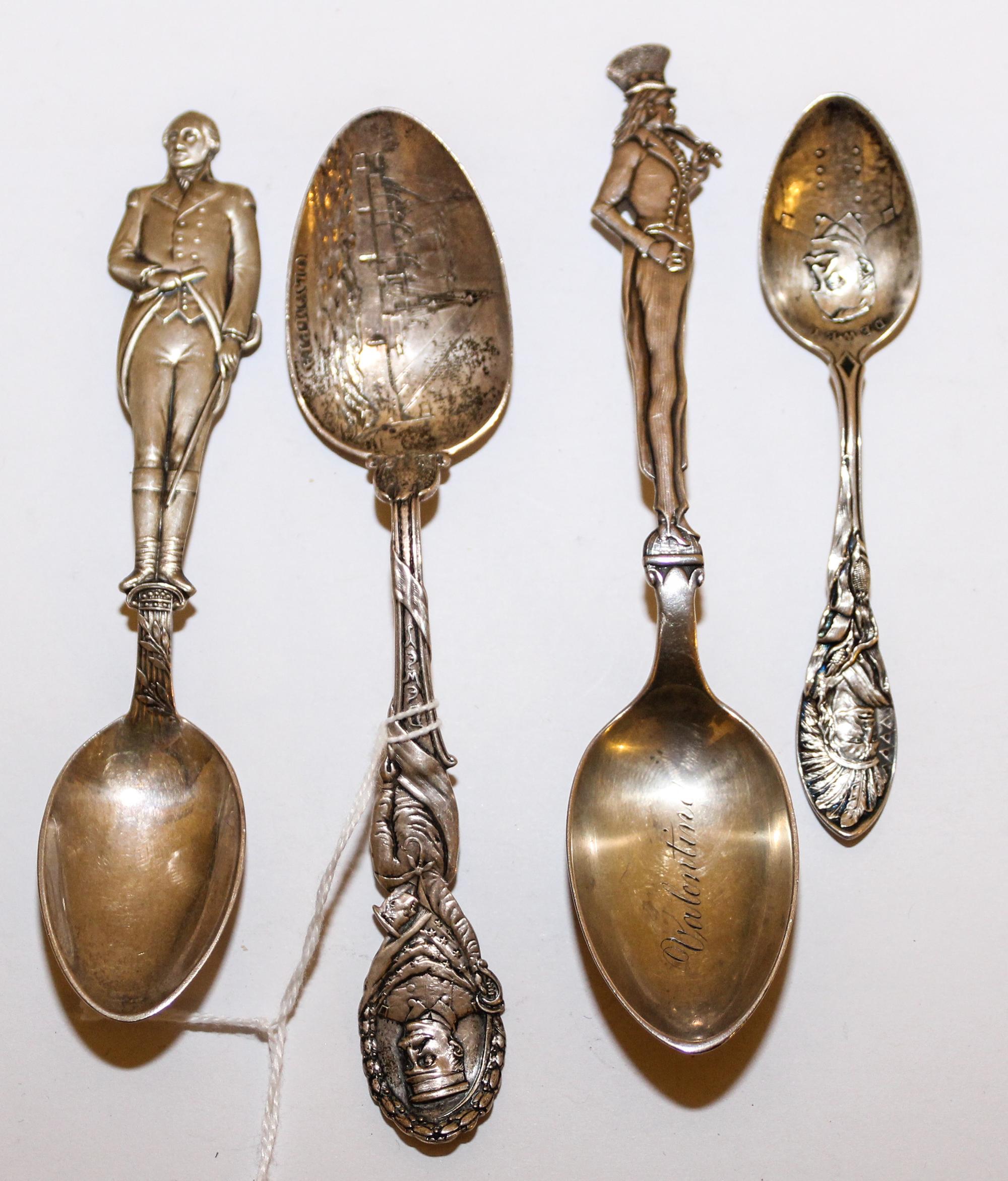 A Group of Four Silver Souvenir Spoons, Various Makers, of "American History" interest.