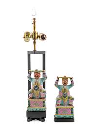 Two Chinese Export Porcelain Famille Rose Guardian Form Joss Stick Holders
