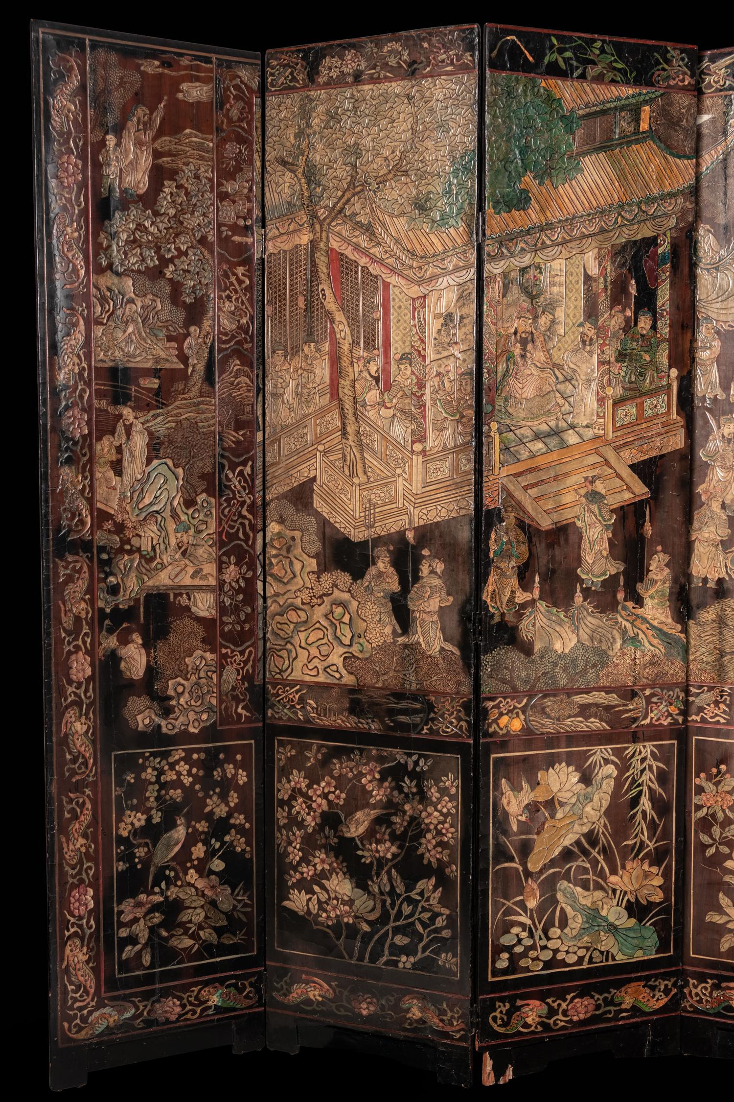 A Coromandel Lacquer Eight-Panel Floor Screen