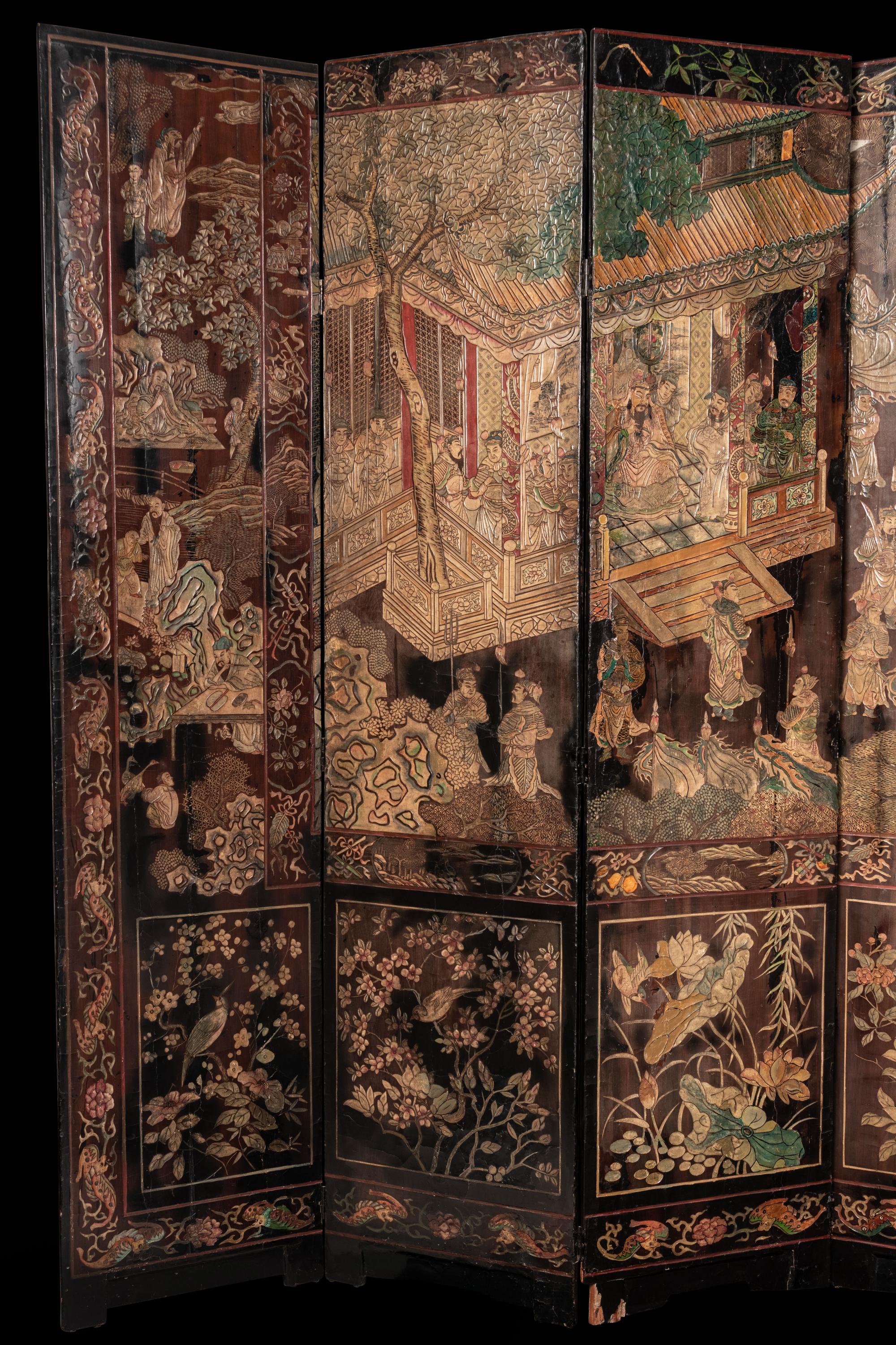 A Coromandel Lacquer Eight-Panel Floor Screen