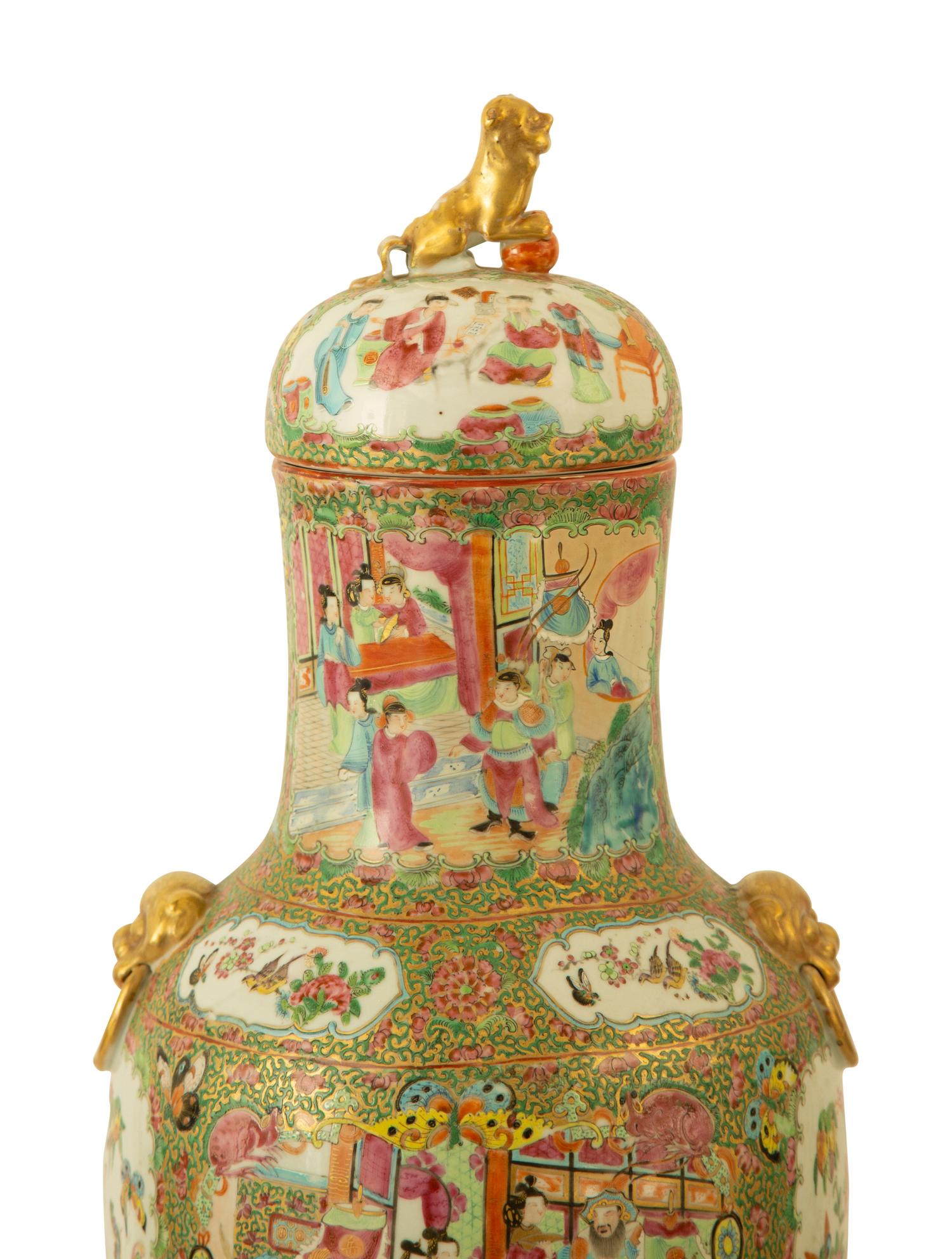 A Large Pair of Chinese Rose Medallion Porcelain Covered Urns