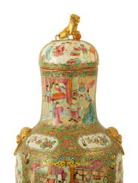 A Large Pair of Chinese Rose Medallion Porcelain Covered Urns