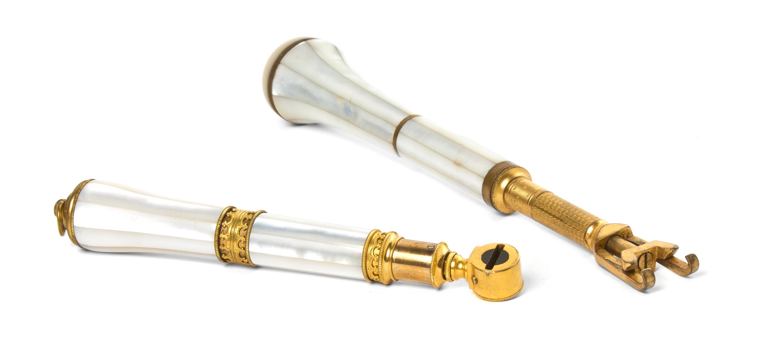 Two French Mother-of-Pearl Veneered Opera Glass Holders, Length of longer 7 7/8 inches (closed).