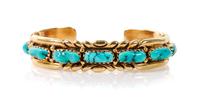 A Navajo Yellow Gold and Turquoise Cuff Bracelet, Robert Begay Length 5 3/8 x opening 7/8 x width 1/2 inches.
