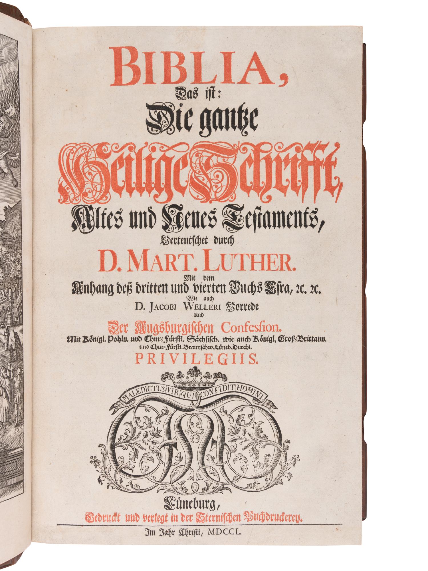 [BINDING - ERNST RÜCKERT]. LUTHER, Martin (1483-1586). Biblia, Das Ist: Die Gantze Heilige Schrift, Altes und Neues Testaments... Lüneburg: Sternischen Buchdruderen, 1750.
