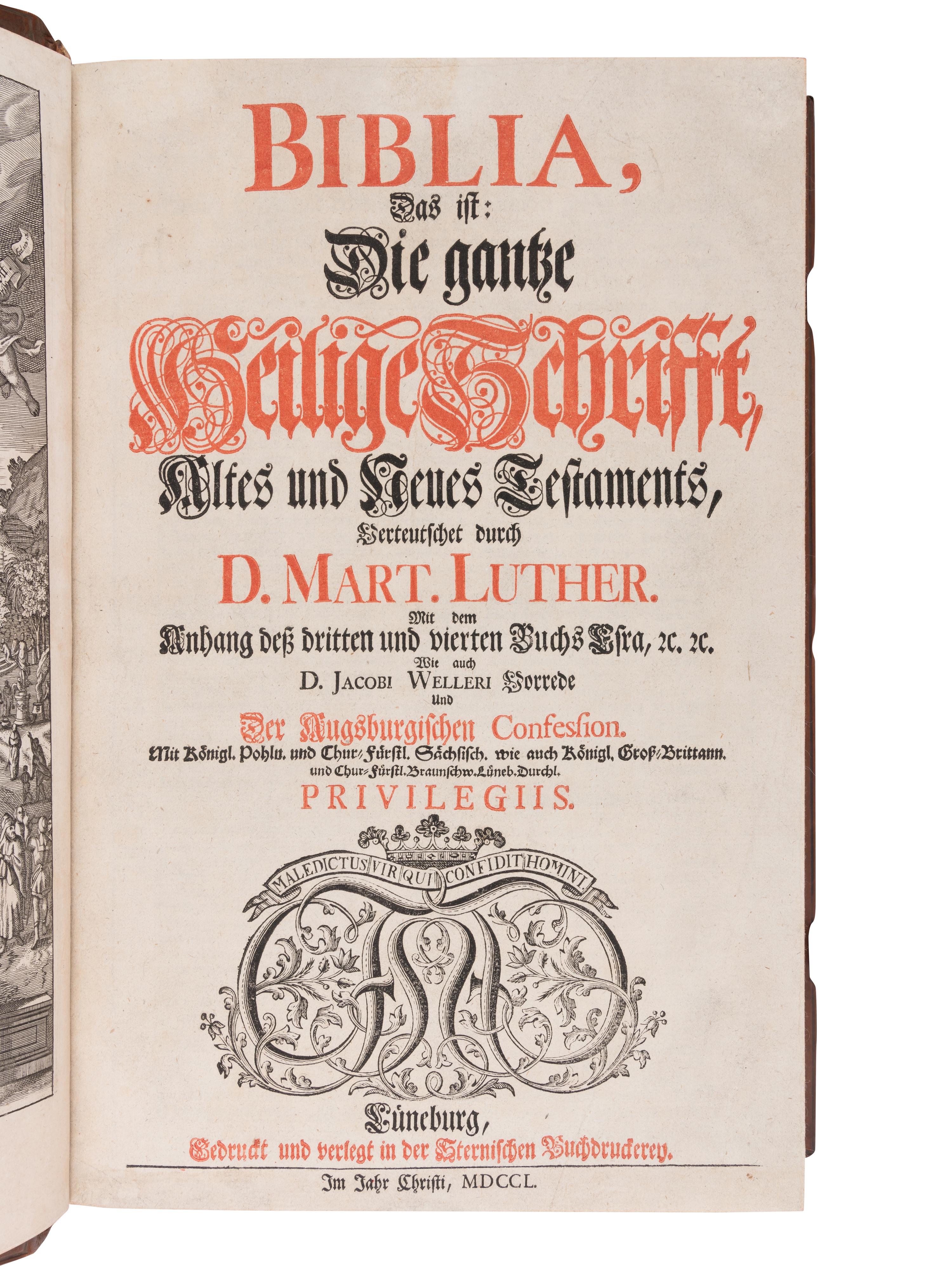 [BINDING - ERNST RÜCKERT]. LUTHER, Martin (1483-1586). Biblia, Das Ist: Die Gantze Heilige Schrift, Altes und Neues Testaments... Lüneburg: Sternischen Buchdruderen, 1750.