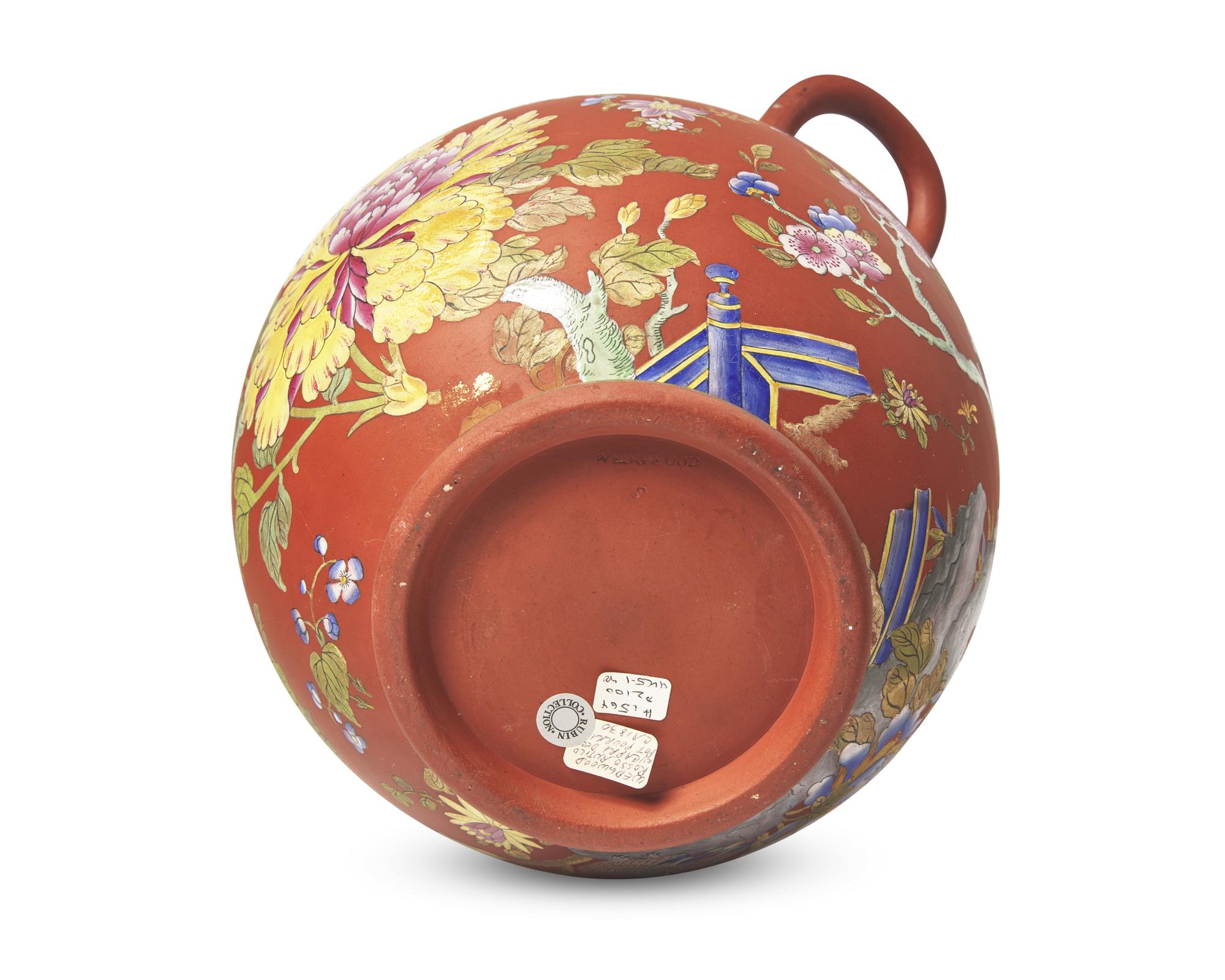 A Wedgwood Polychrome Enameled Rosso Antico Potpourri Jar and Cover