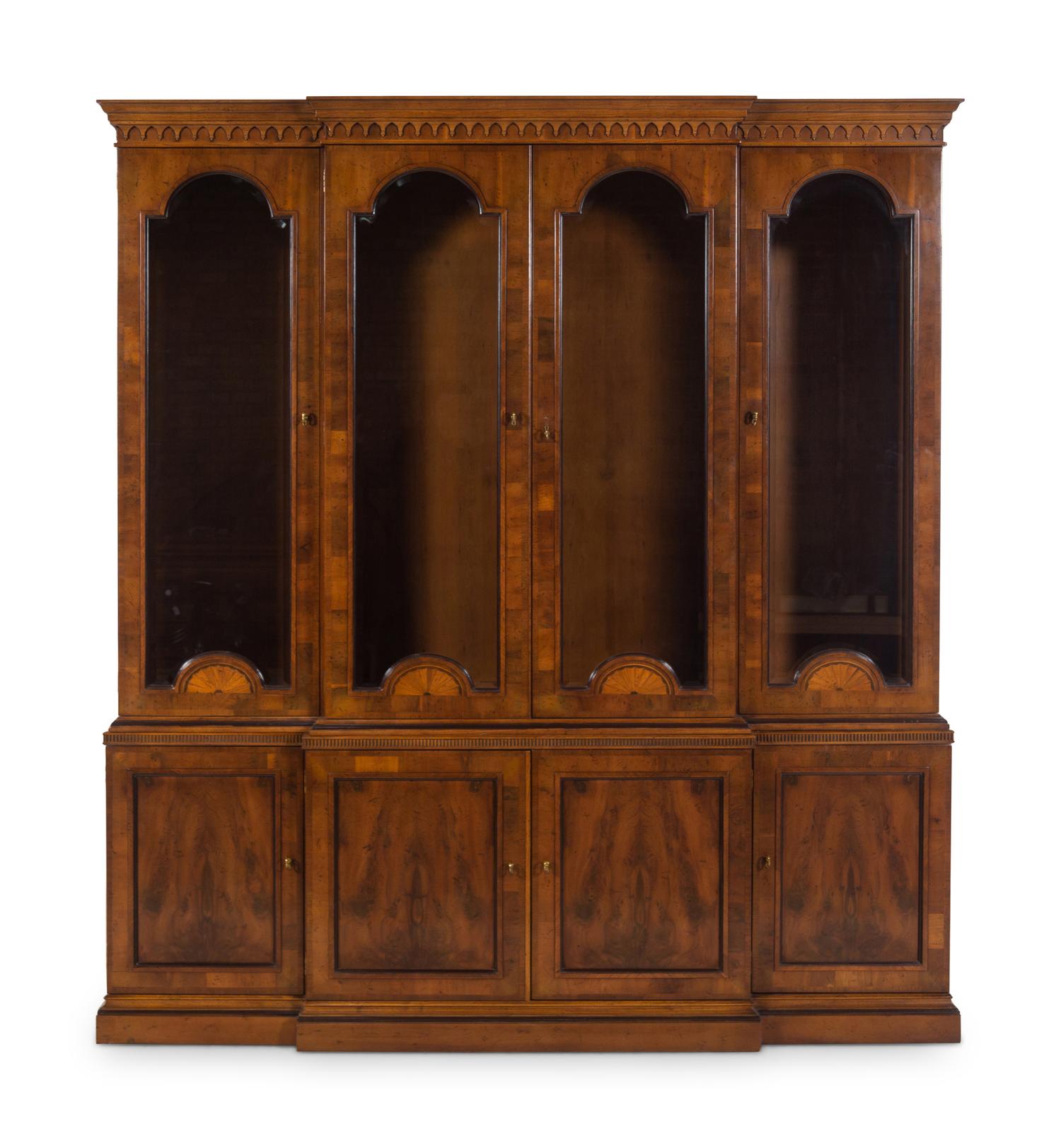 A George III Style Mahogany and Satinwood Marquetry Breakfront Bookcase