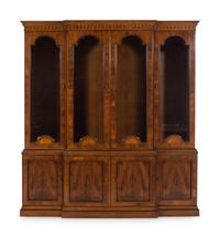 A George III Style Mahogany and Satinwood Marquetry Breakfront Bookcase
