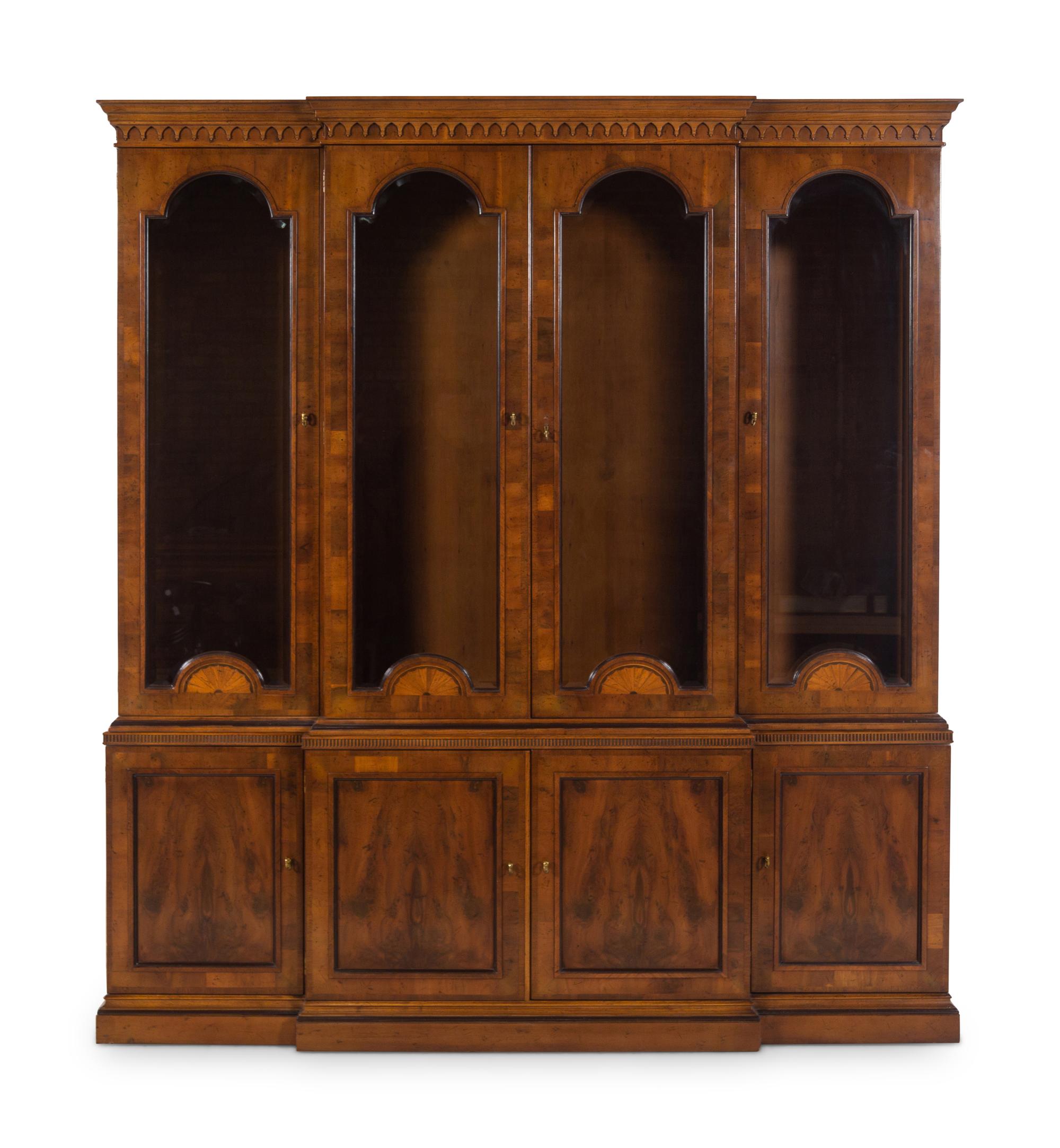 A George III Style Mahogany and Satinwood Marquetry Breakfront Bookcase
