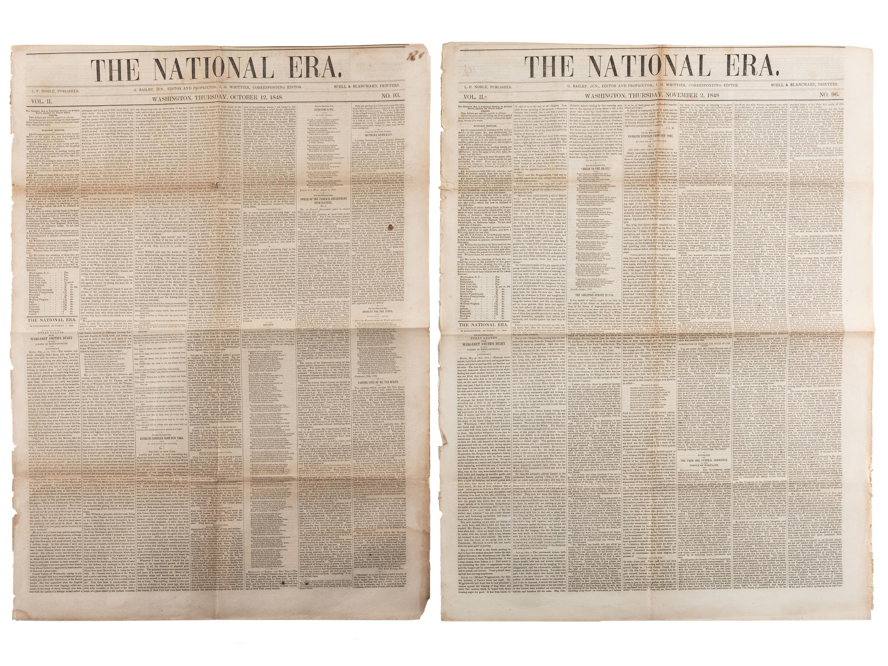 [SLAVERY & ABOLITION]. A group of 4 issues of the anti-slavery paper, The National Era . Washington, DC: American and Foreign Anti-Slavery Society, 1848.