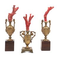 A Coral Specimen Mounted Three-Piece Gilt Metal Garniture