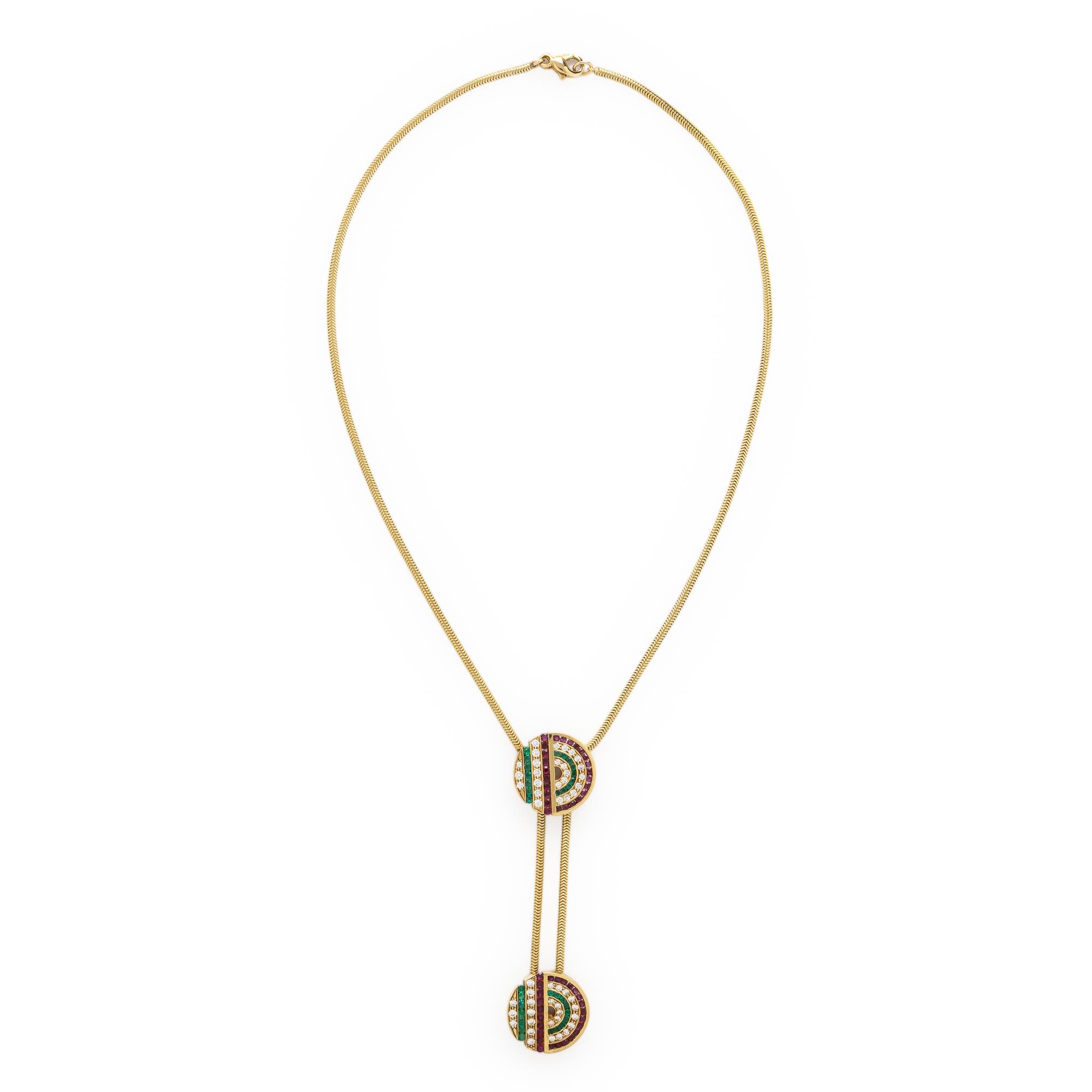 Diamond, Ruby, Emerald, and Yellow Gold Necklace