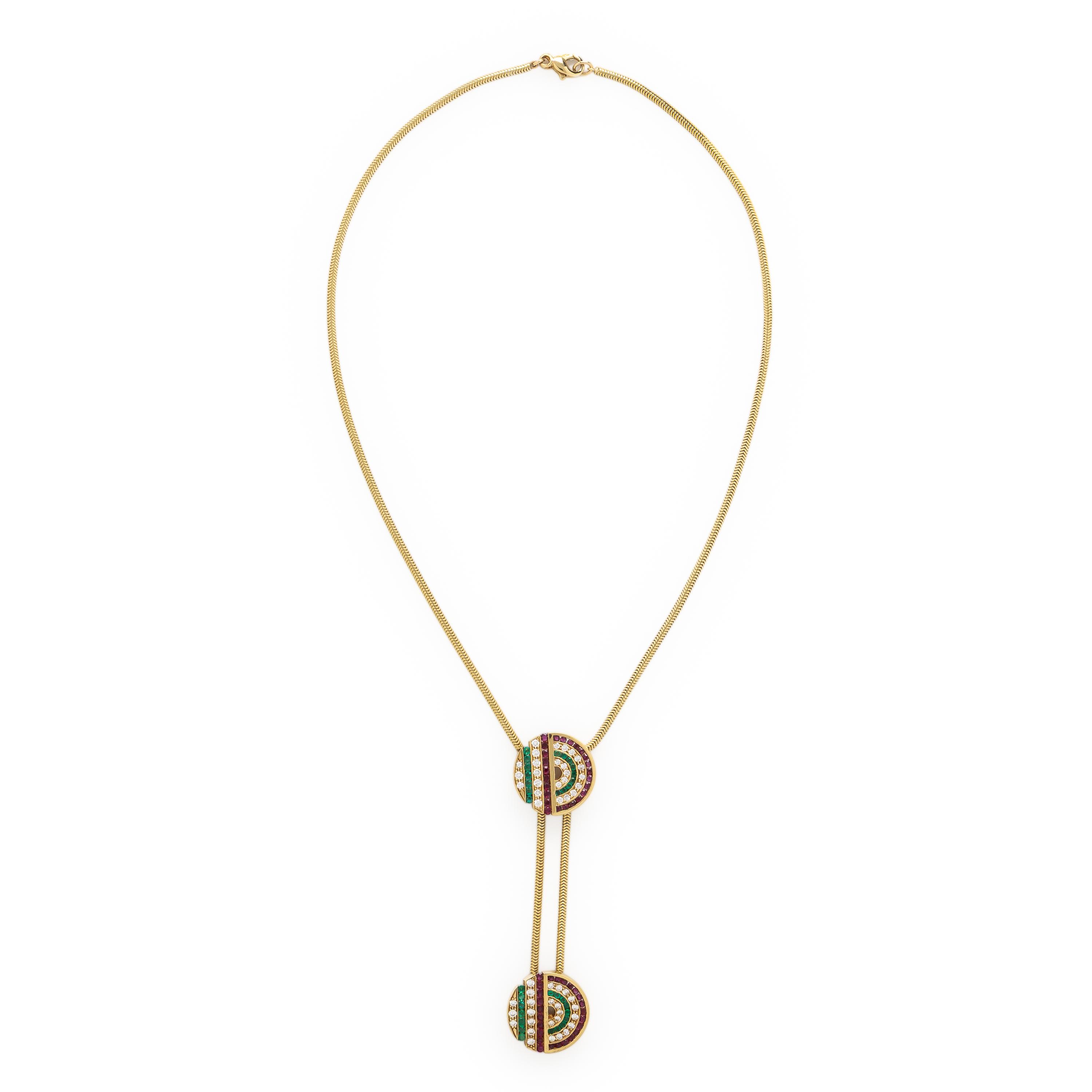 Diamond, Ruby, Emerald, and Yellow Gold Necklace