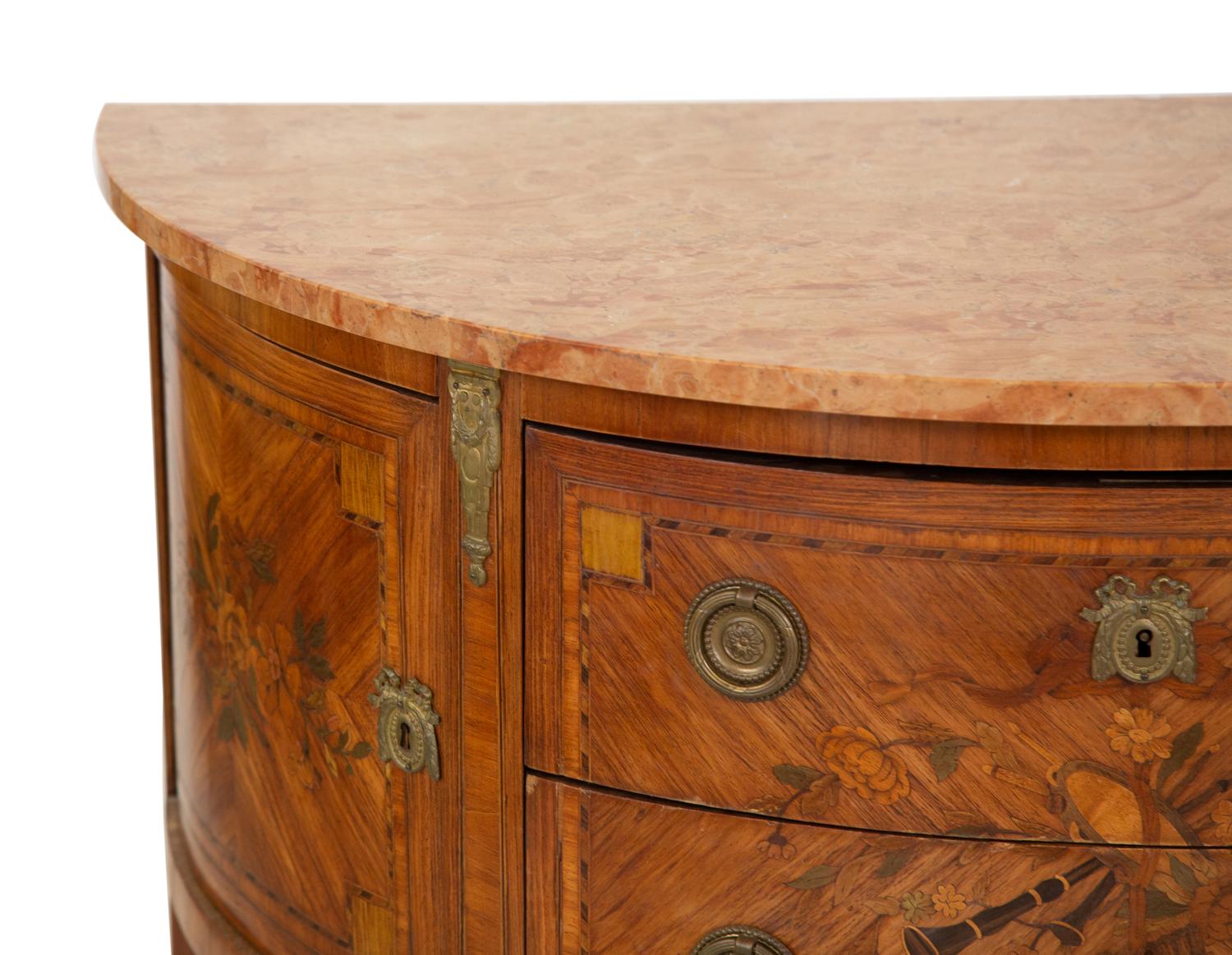 A Pair of Louis XVI Style Demilune Marble-Top Small Commodes