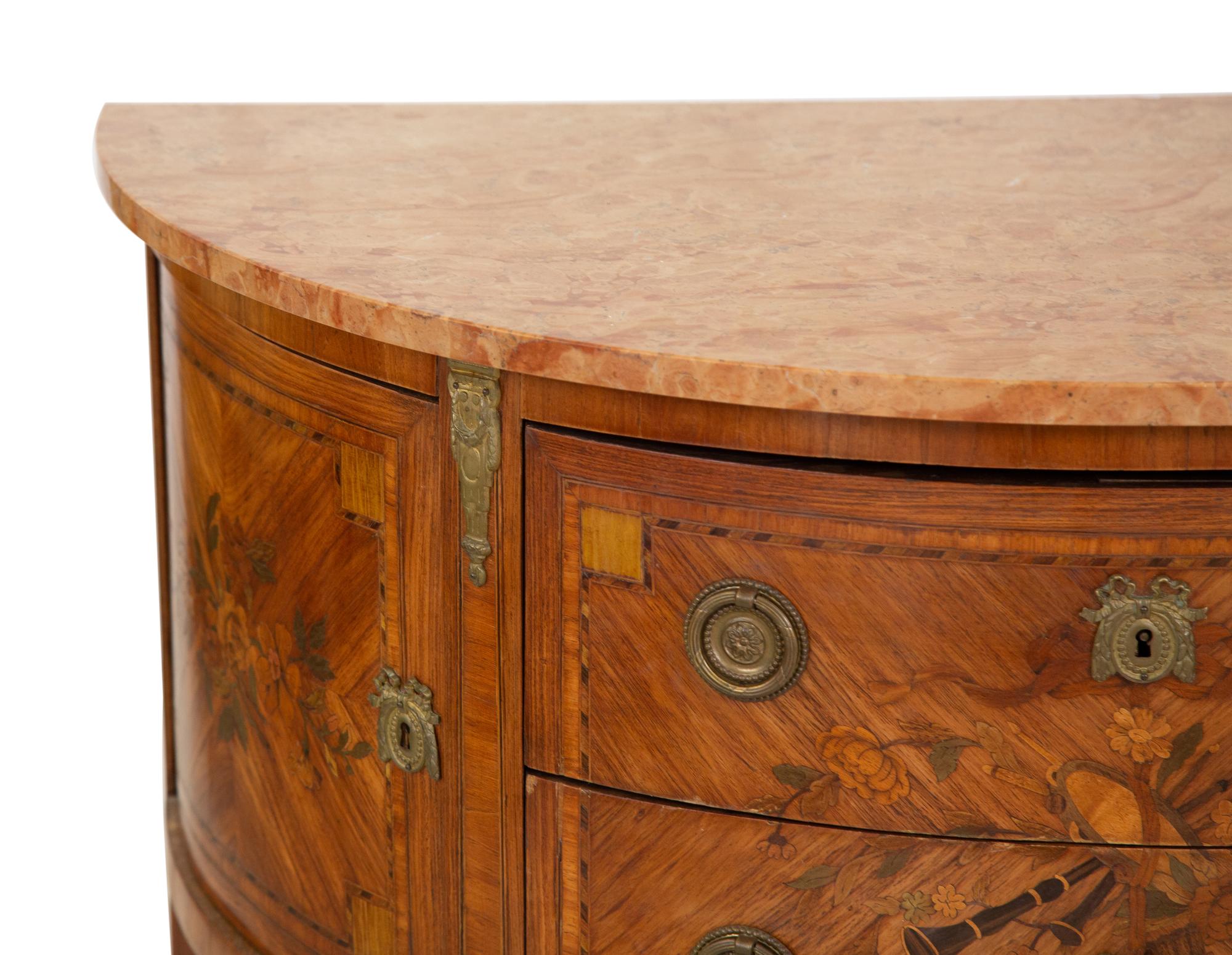 A Pair of Louis XVI Style Demilune Marble-Top Small Commodes