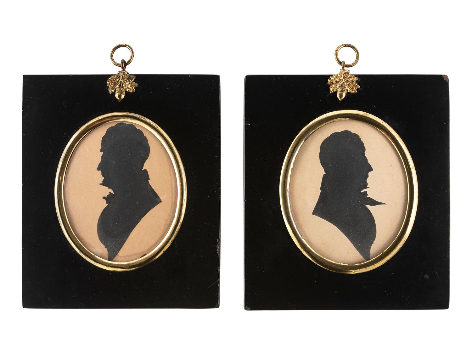 A Pair of Cut Paper Silhouette Portraits and a Wax Portrait