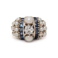 DIAMOND, SAPPHIRE, AND CULTURED PEARL RING