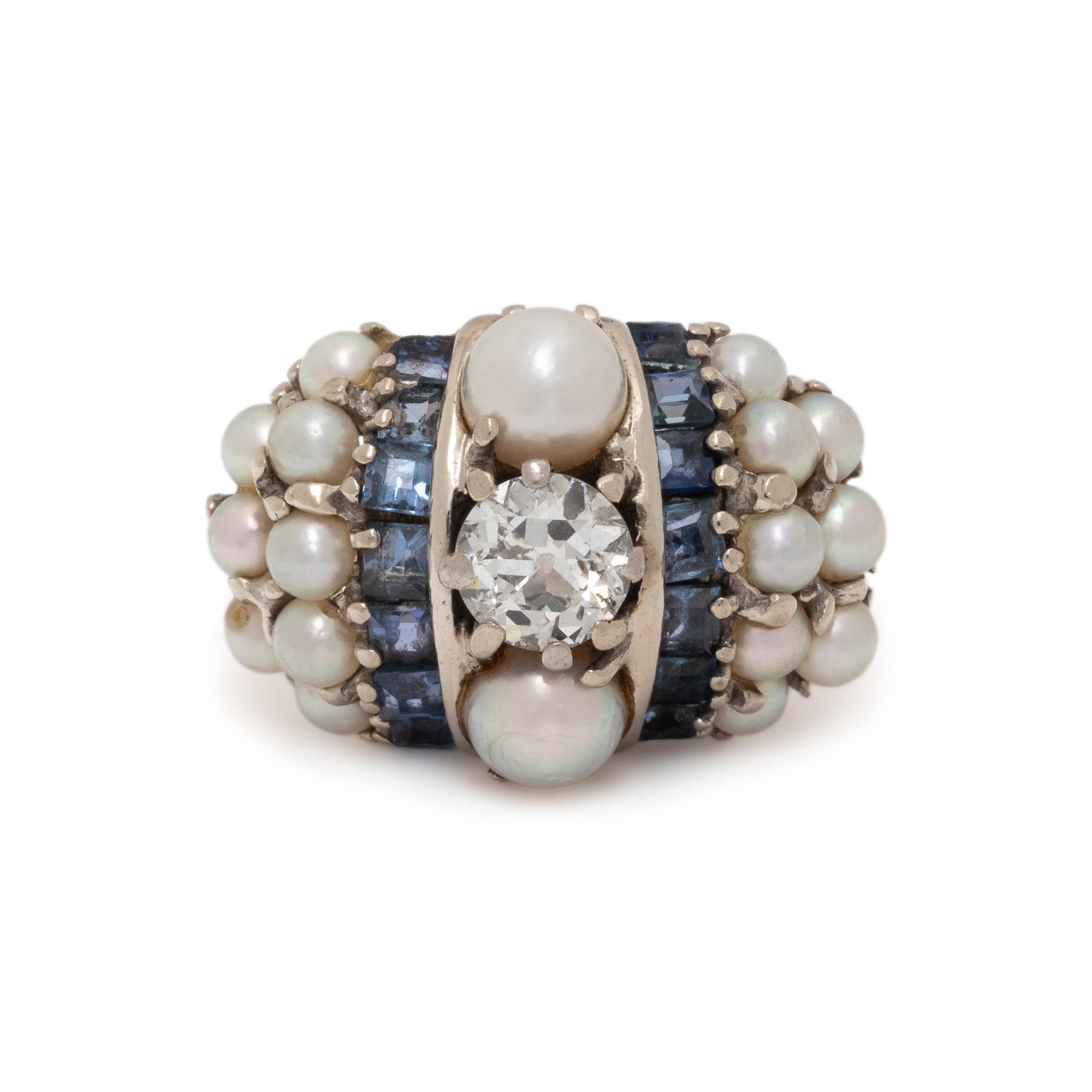 DIAMOND, SAPPHIRE, AND CULTURED PEARL RING