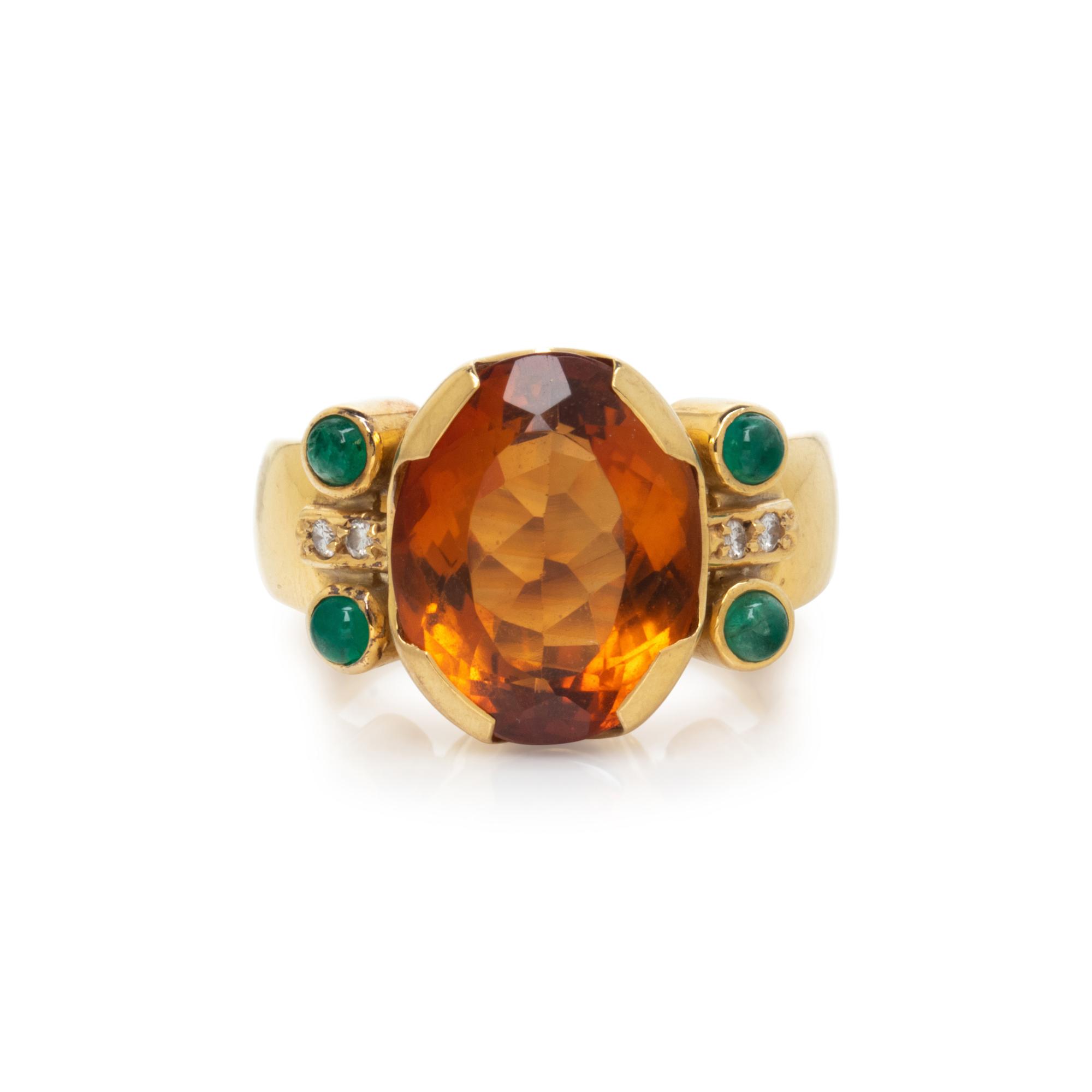 YELLOW GOLD, CITRINE, EMERALD, AND DIAMOND RING