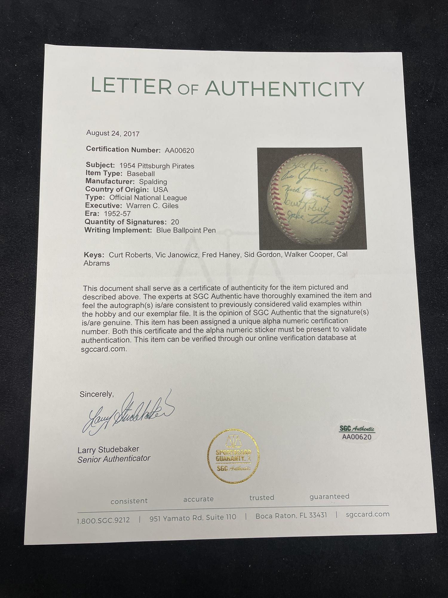 A 1954 Pittsburgh Pirates Team Signed Autograph Baseball (SGC Letter of Authenticity)