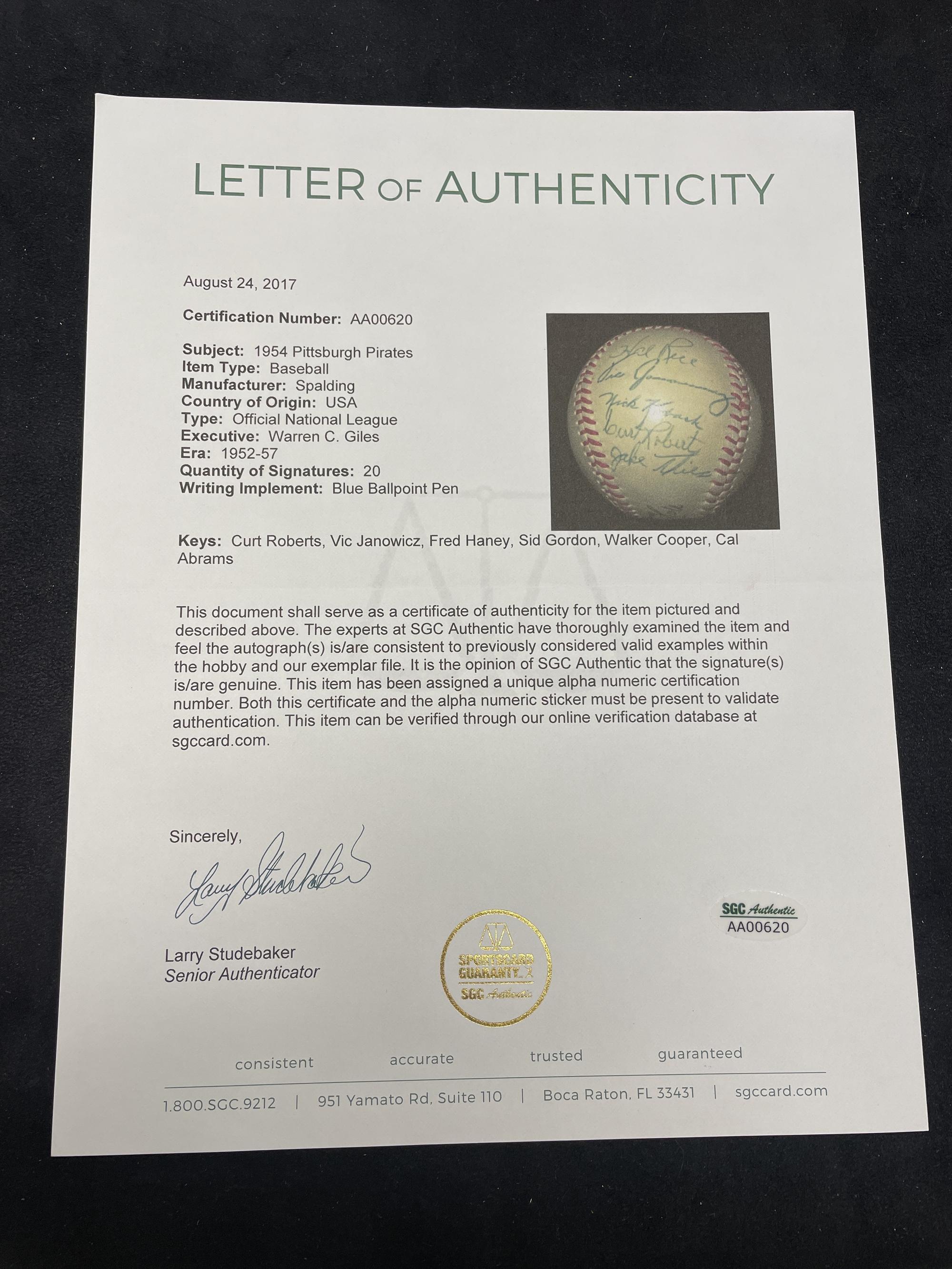 A 1954 Pittsburgh Pirates Team Signed Autograph Baseball (SGC Letter of Authenticity)