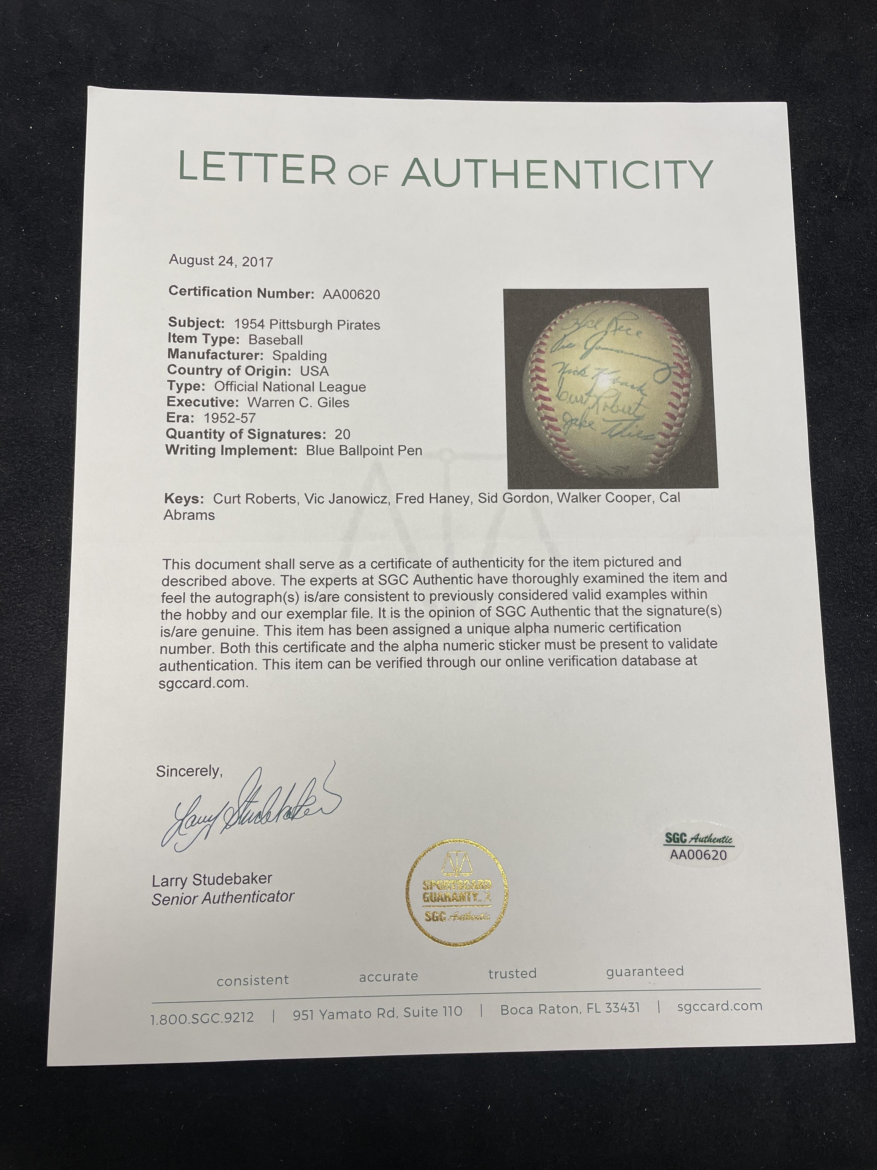 A 1954 Pittsburgh Pirates Team Signed Autograph Baseball (SGC Letter of Authenticity)