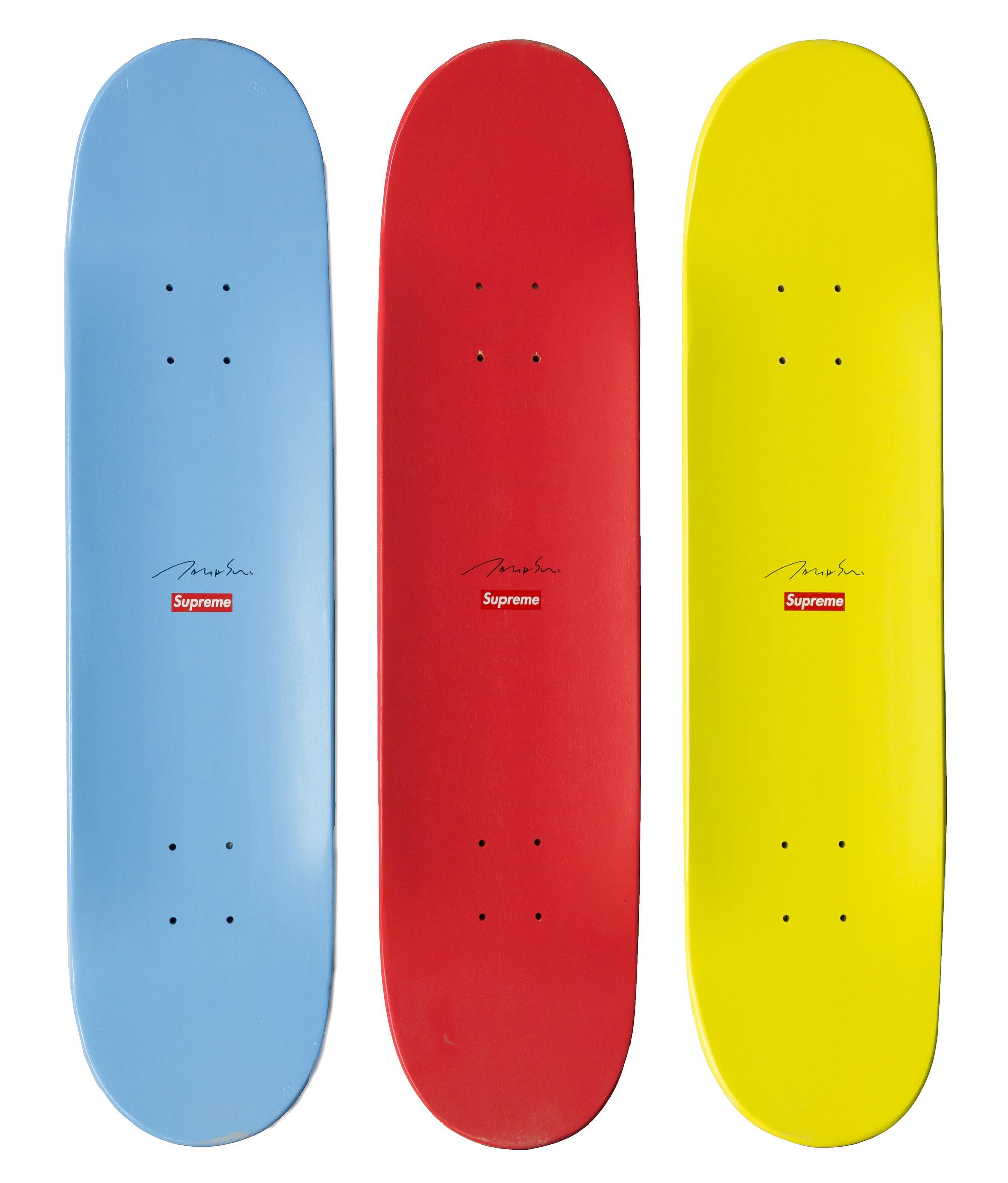 Takashi Murakami, (Japanese, b. 1962), Three Skateboard Decks by Supreme (BunBu-kun, Ponchi-kun, Shimon-kun), 2007
