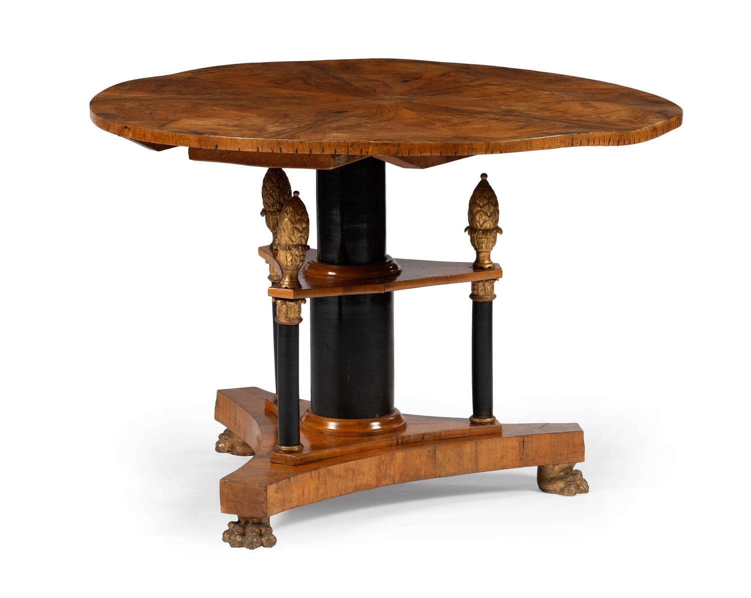 A Continental Neoclassical Parcel Gilt and Ebonized Burlwood Veneered Dining Table