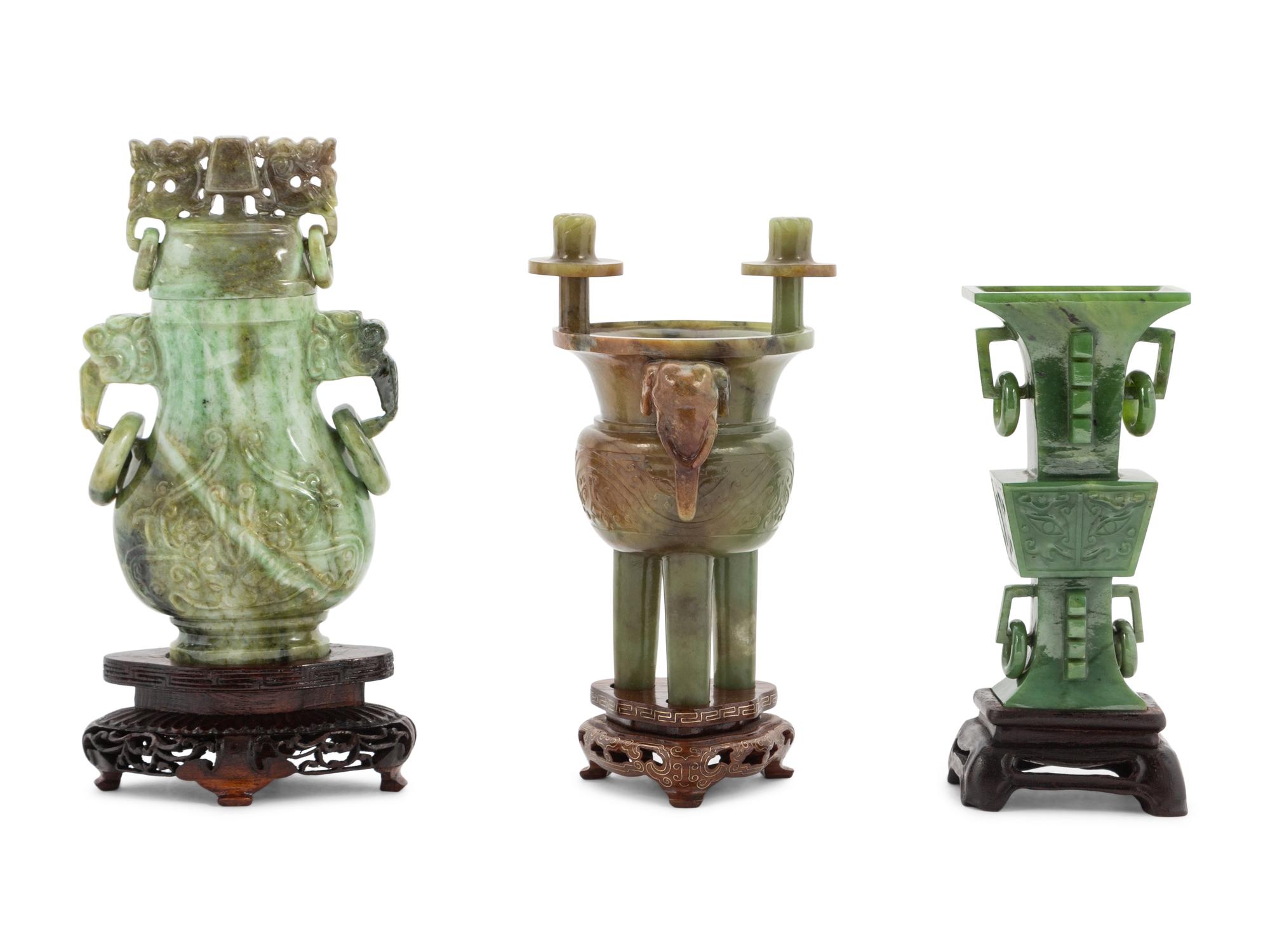 Five Chinese Spinach Jade and Hardstone Vessels