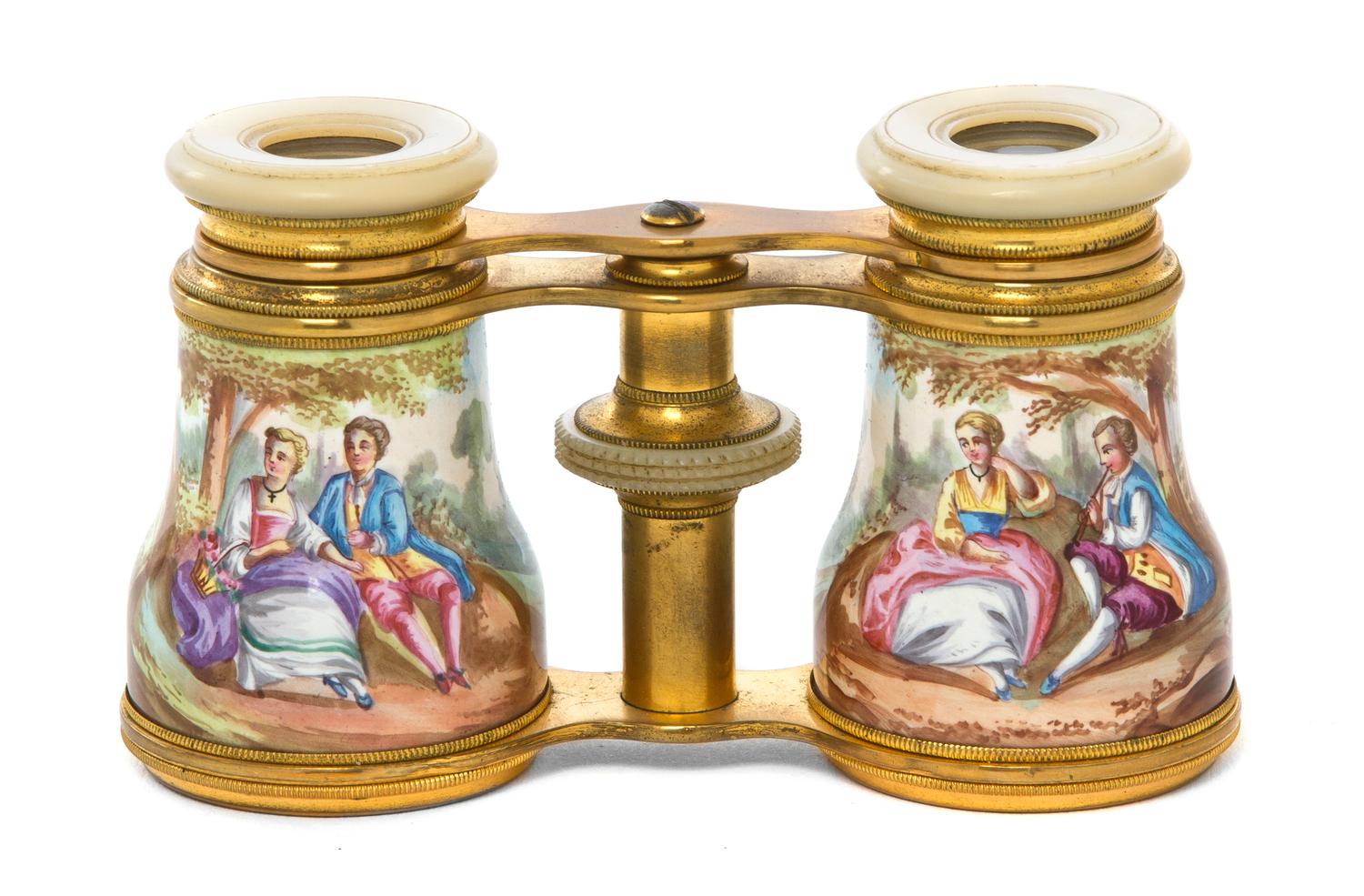 A Pair of French Enameled Opera Glasses, Width 4 1/8 inches.