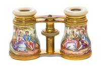 A Pair of French Enameled Opera Glasses, Width 4 1/8 inches.