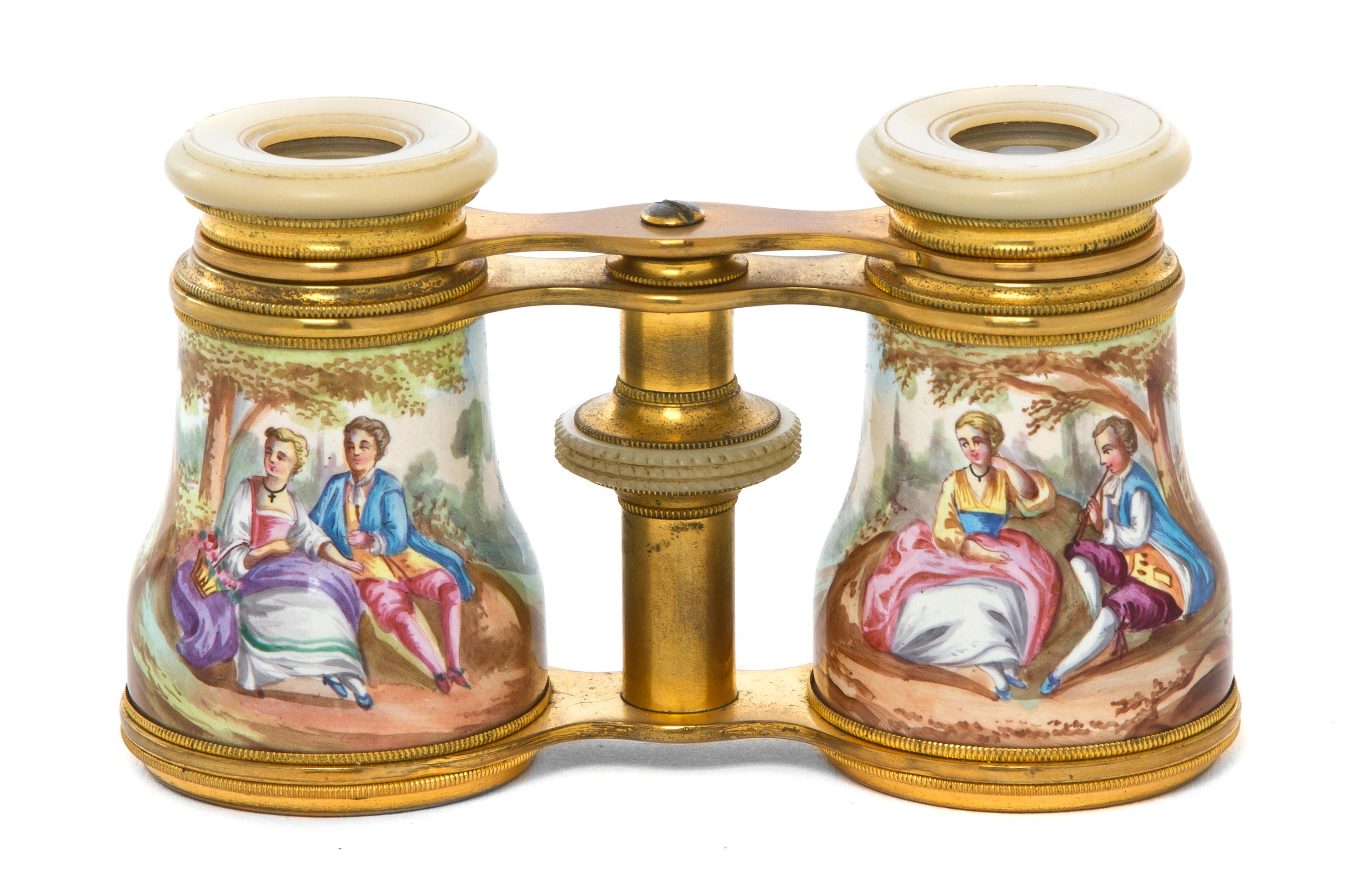 A Pair of French Enameled Opera Glasses, Width 4 1/8 inches.