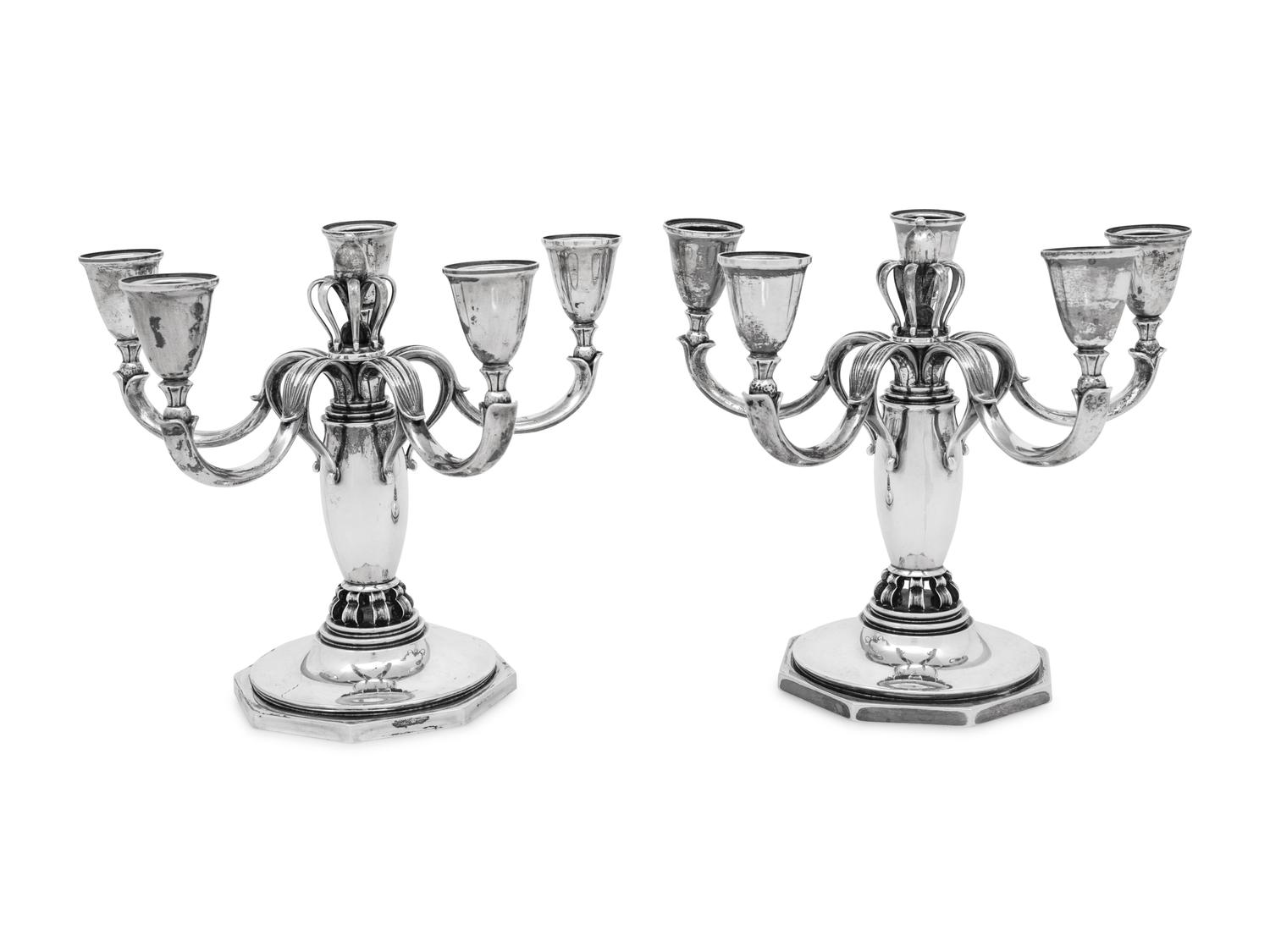 A Pair of Danish Silver Five-Light Candelabra