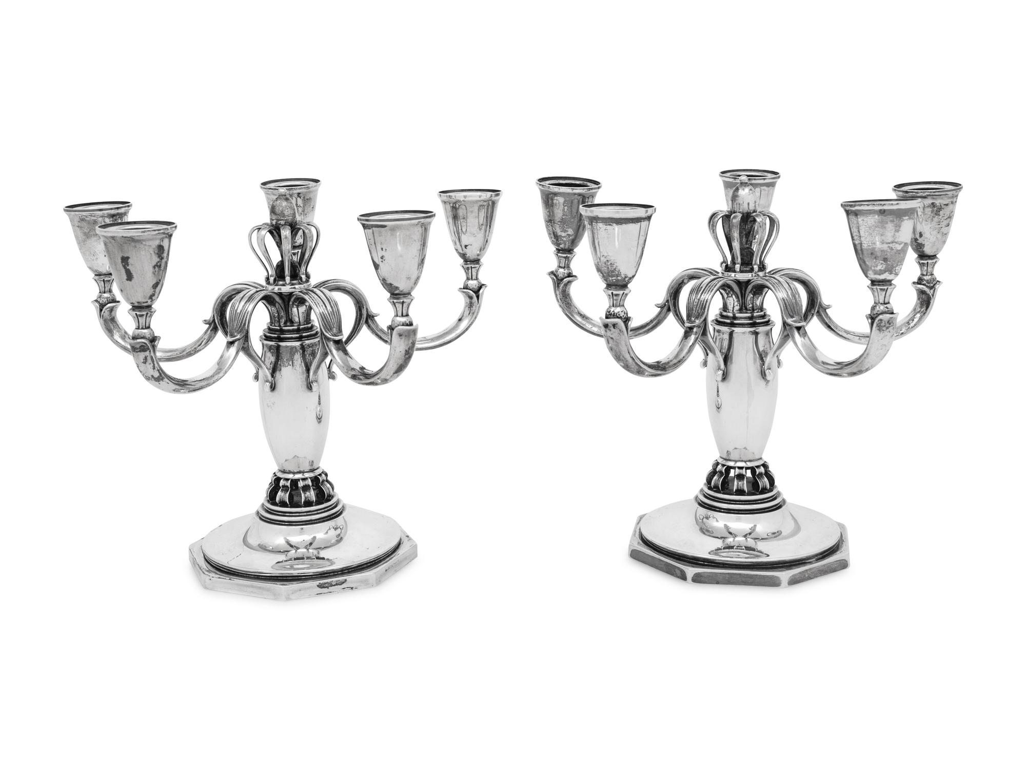A Pair of Danish Silver Five-Light Candelabra