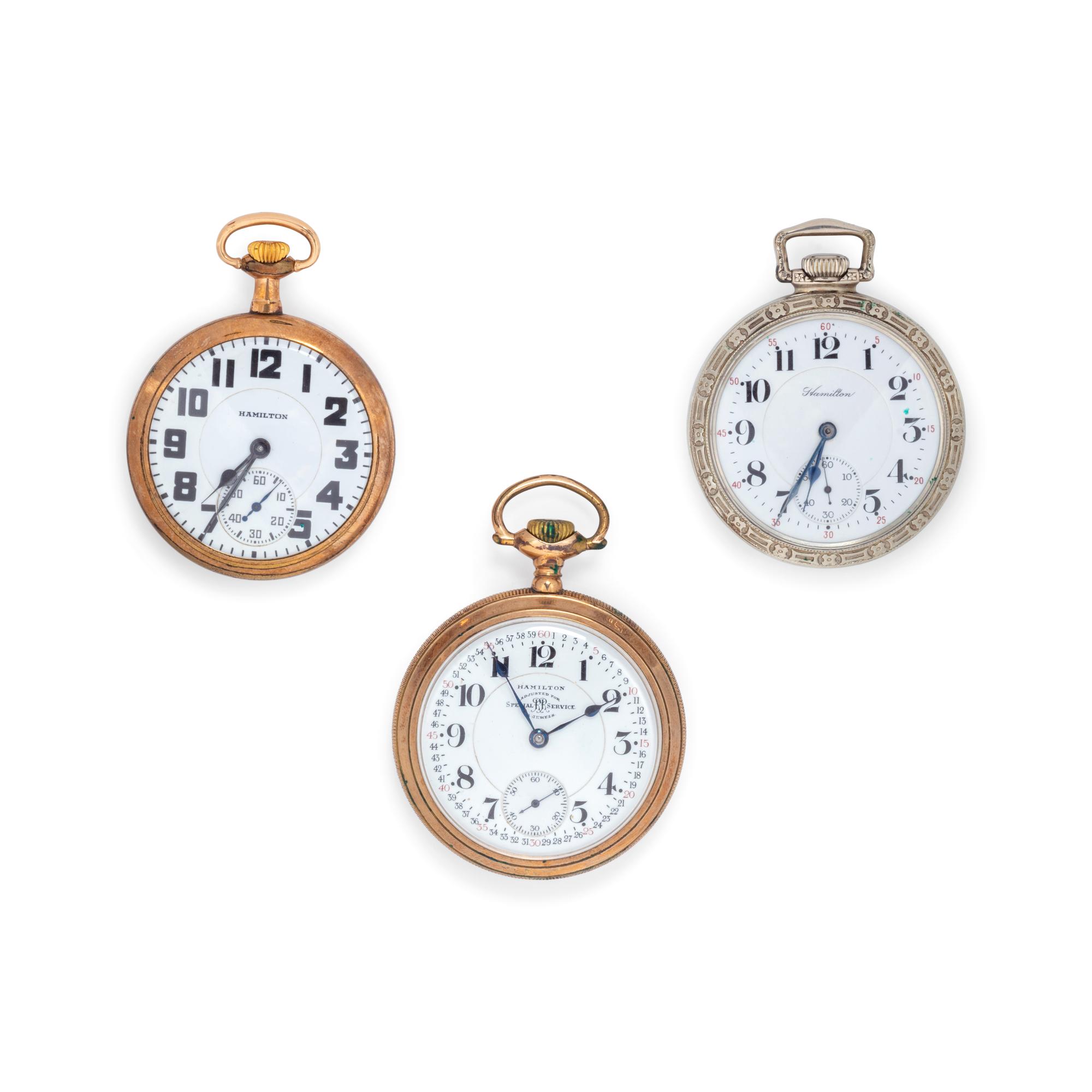 Three Hamilton Gold-Filled Open Face Pocket Watches
