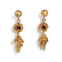 A Pair of Greek Gold and Garnet Earrings with the God Eros