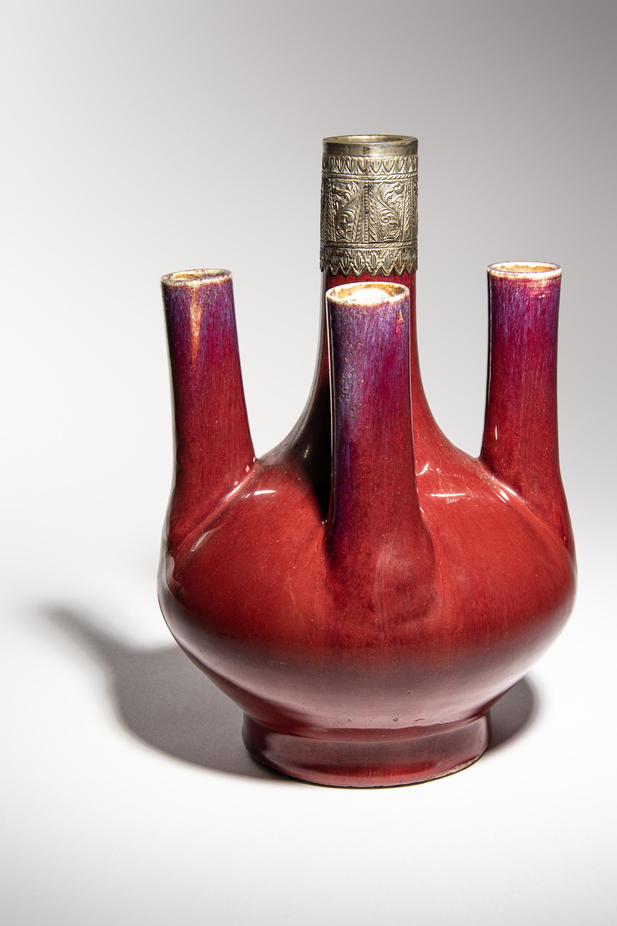 A Silver Mounted Flambé Glazed Porcelain Tulip Vase