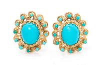 A Pair of 14 Karat Yellow Gold and Turquoise Earclips, 7.70 dwts.
