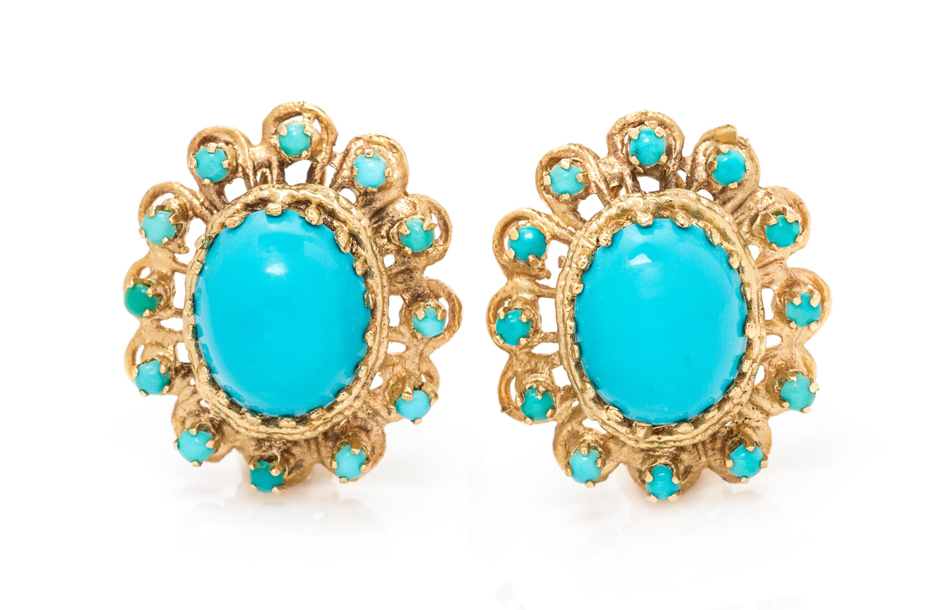 A Pair of 14 Karat Yellow Gold and Turquoise Earclips, 7.70 dwts.