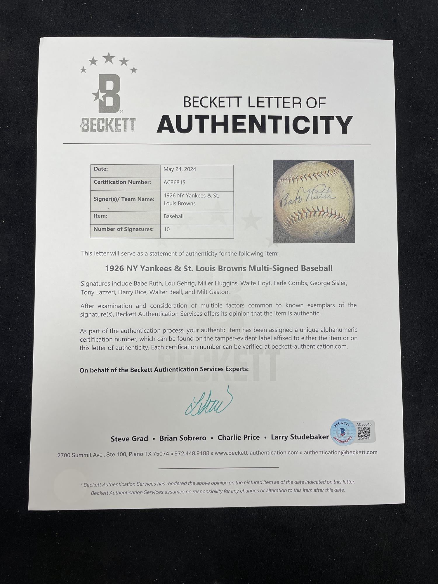 A 1926 New York Yankees Multi Signed Autograph Baseball Featuring Babe Ruth and Lou Gehrig (Beckett Authentication Services)