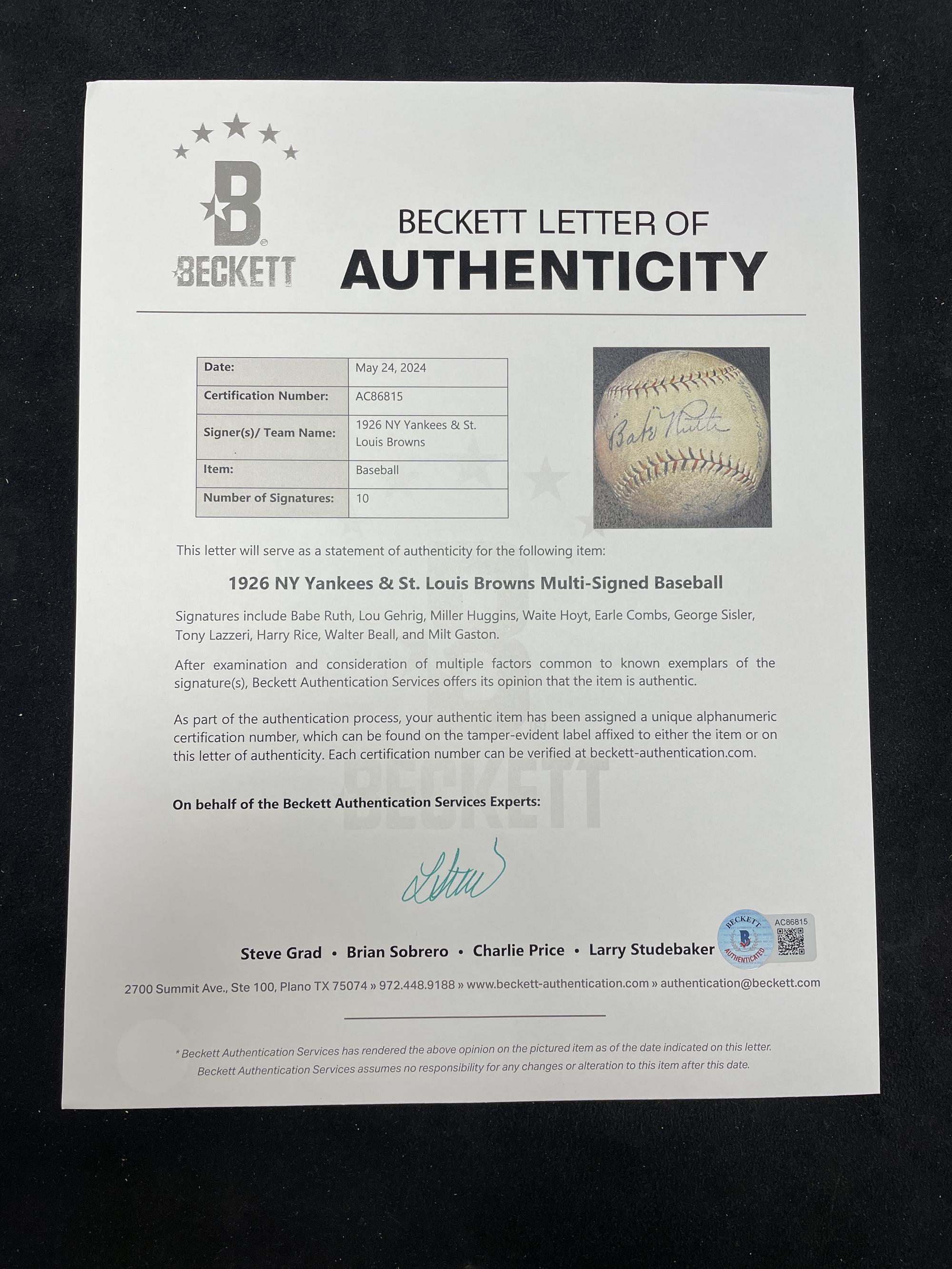 A 1926 New York Yankees Multi Signed Autograph Baseball Featuring Babe Ruth and Lou Gehrig (Beckett Authentication Services)