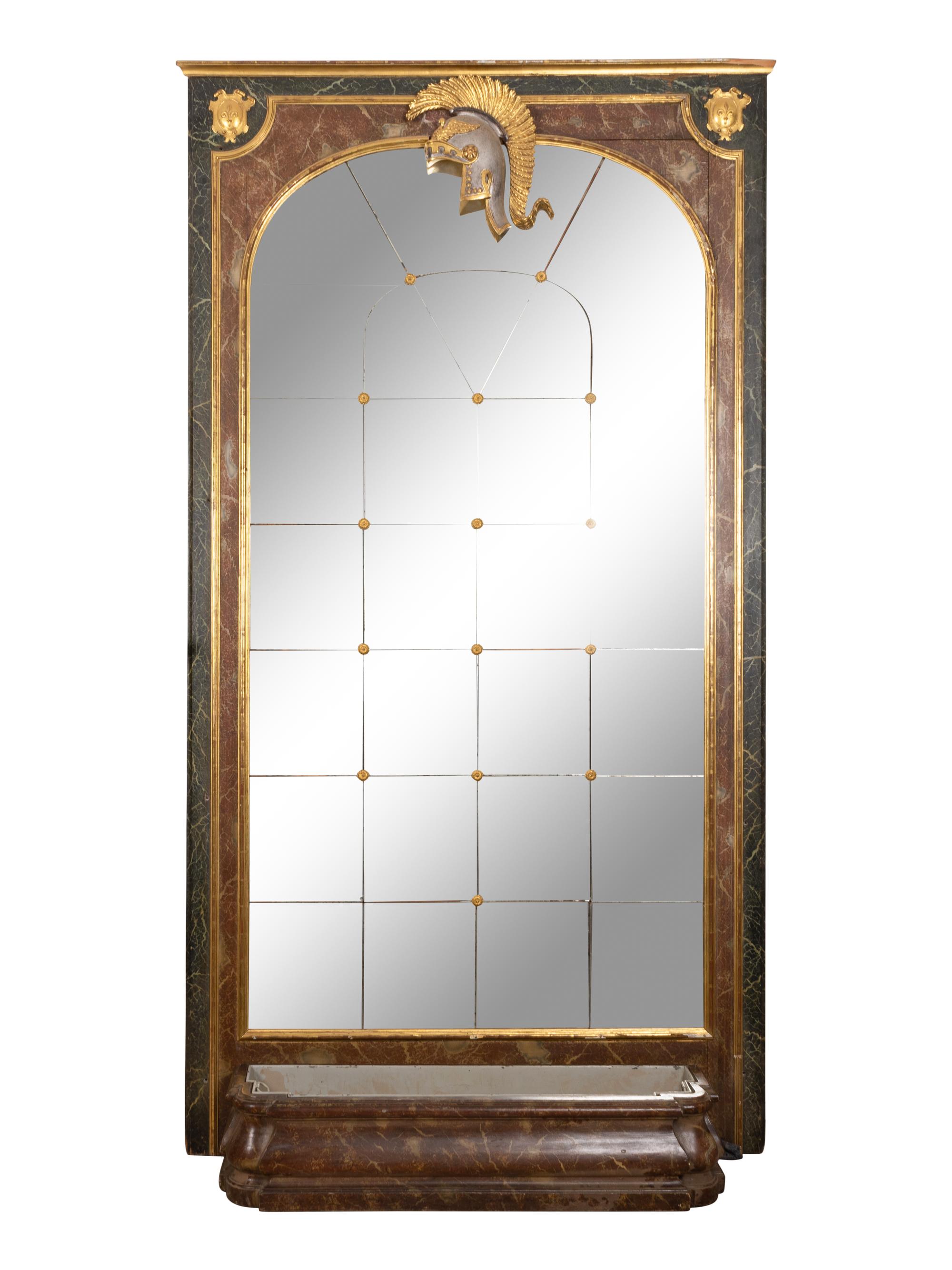 A Monumental Italian Polychromed Faux Marble and Parcel Gilt Pier Mirror and Jardiniere